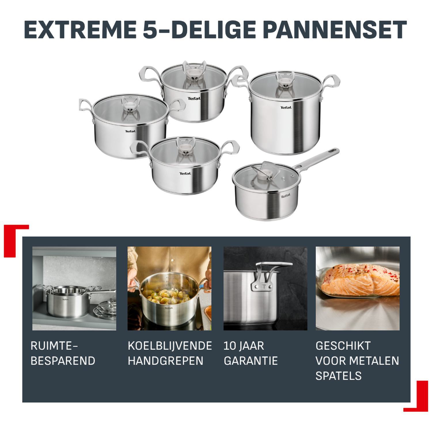Set van vijf Tefal pannen met glazen deksels op witte achtergrond.