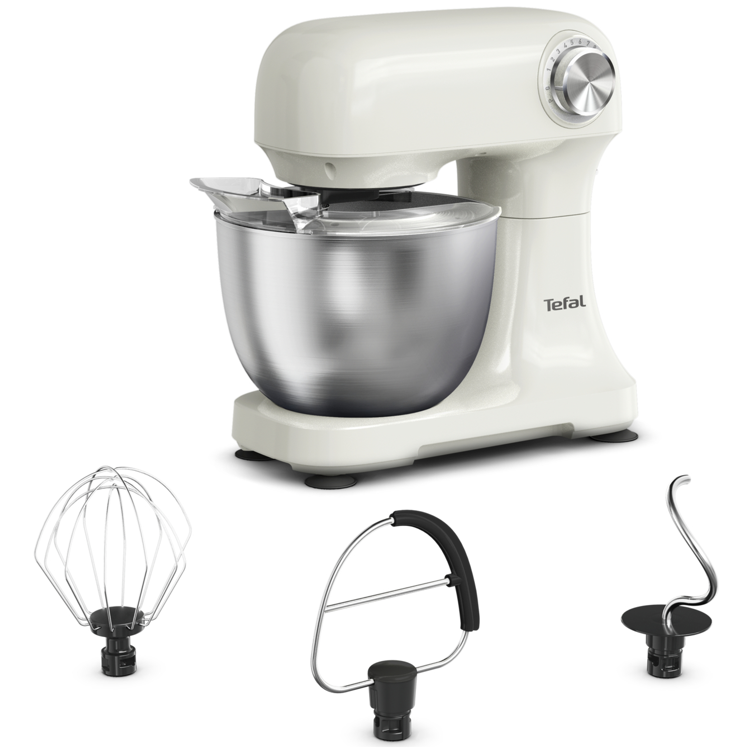 Een crèmekleurige standmixer met RVS kom en drie opzetstukken.