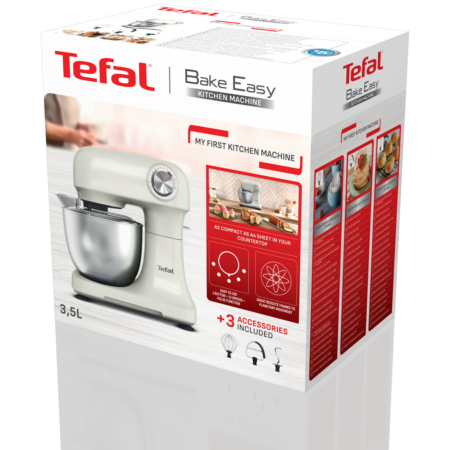 Tefal Bake Easy keukenmachine met mengkom en accessoires op de verpakking.