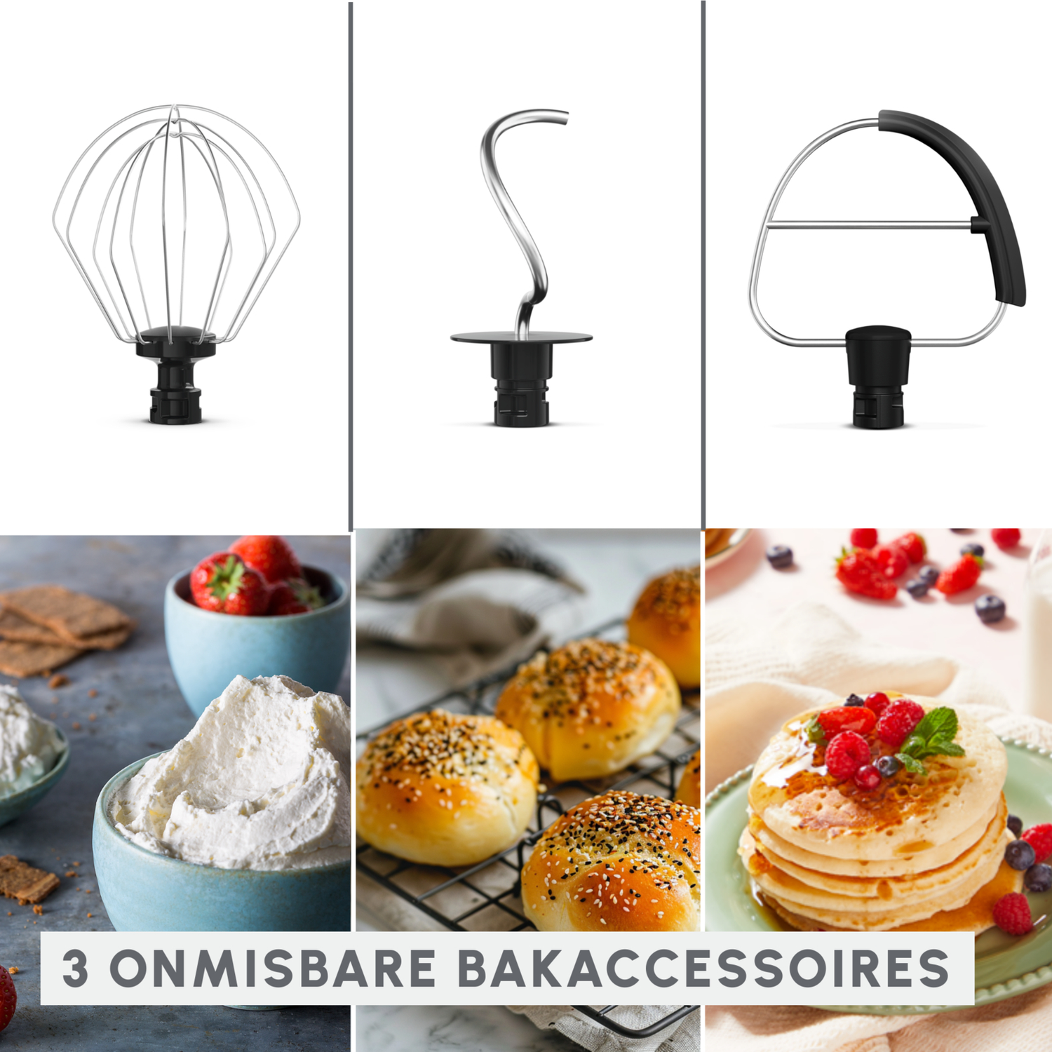 Drie mixeraccessoires: garde, deeghaak, platte klopper. Eten ernaast.