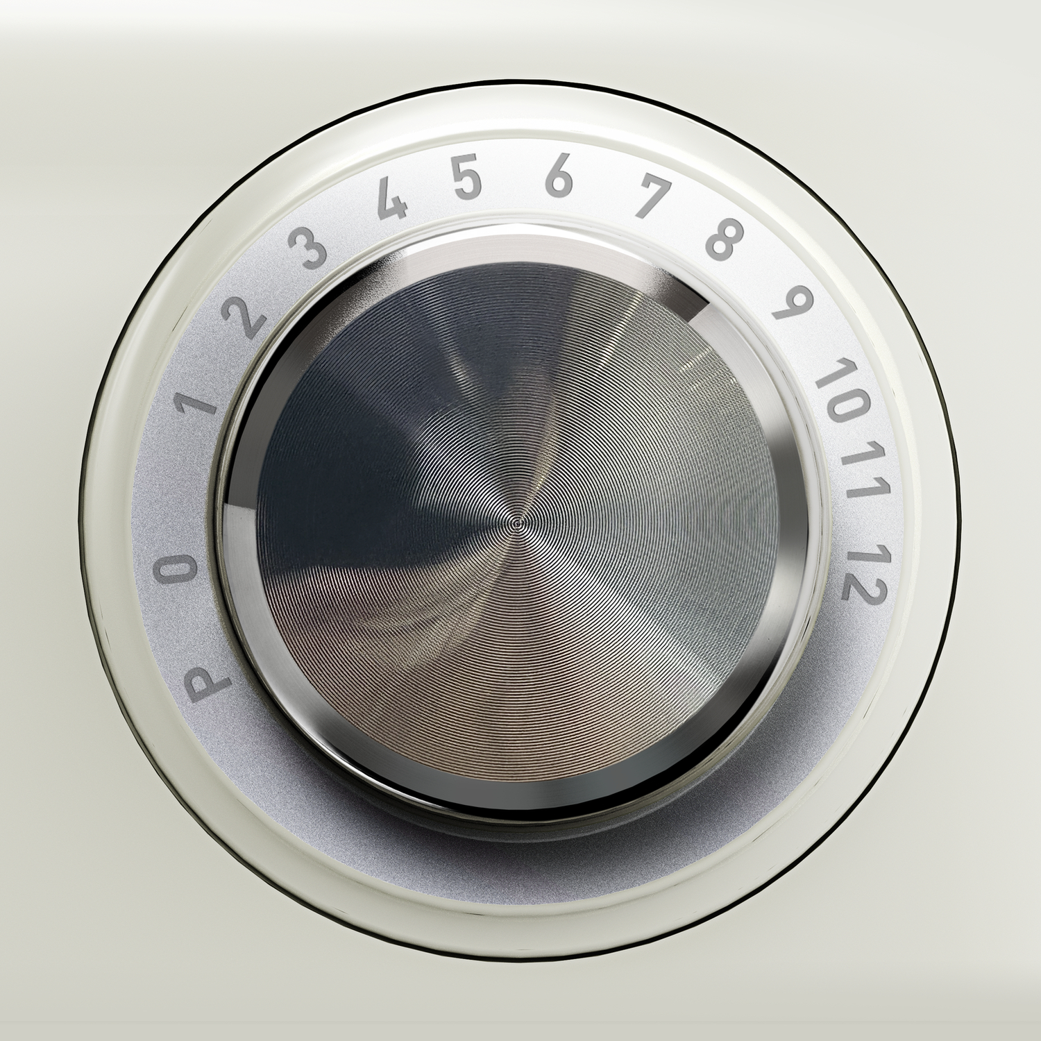 Een draaiknop met instellingen P, 0-12. Metalen middenstuk met concentrische cirkels.