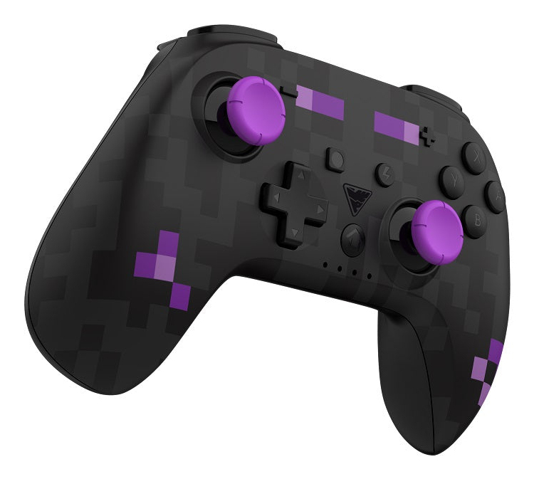 Schwarzer Controller mit lila Akzenten und Pixelmuster.