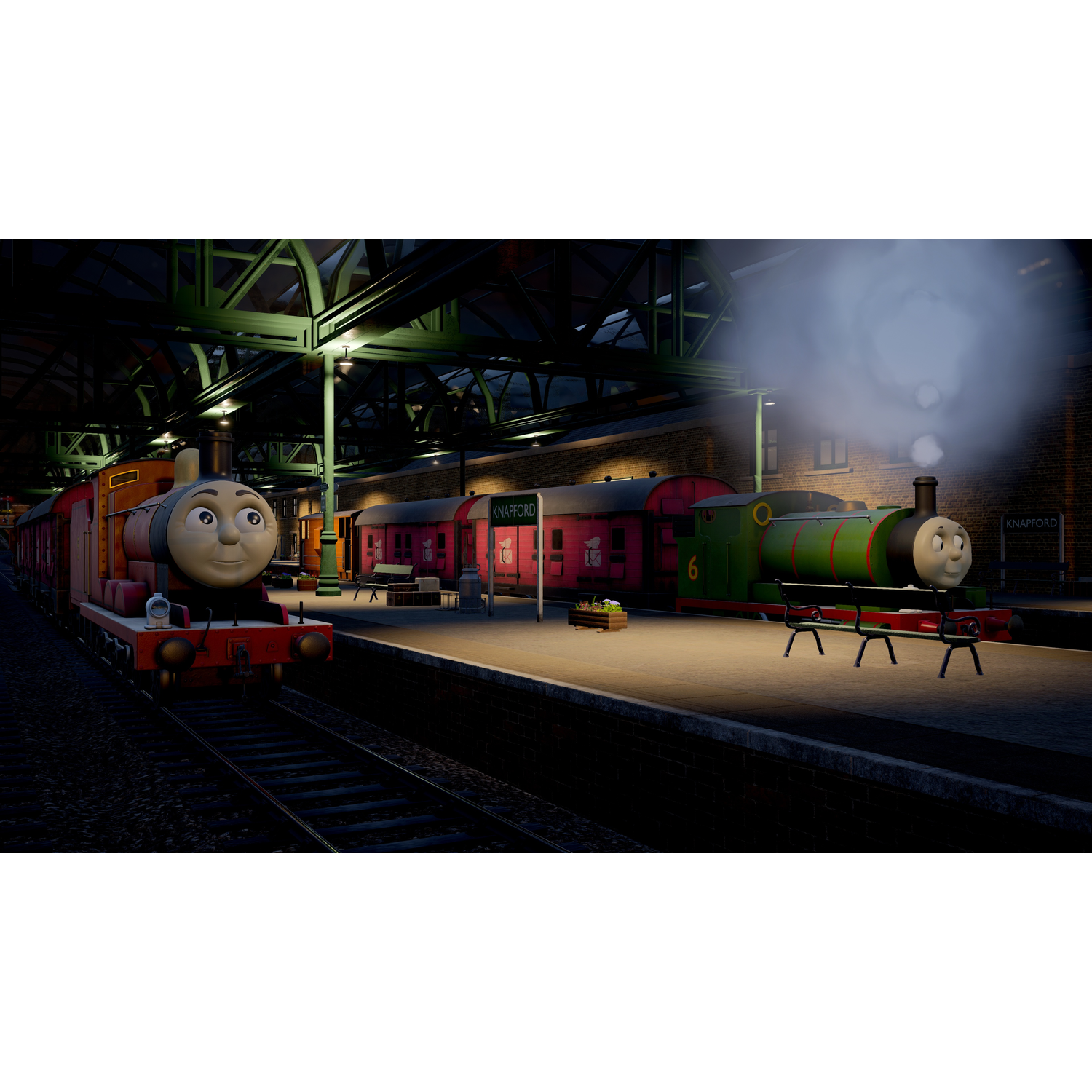 Two trains, James and Percy, are on a platform at Knapford station at night.