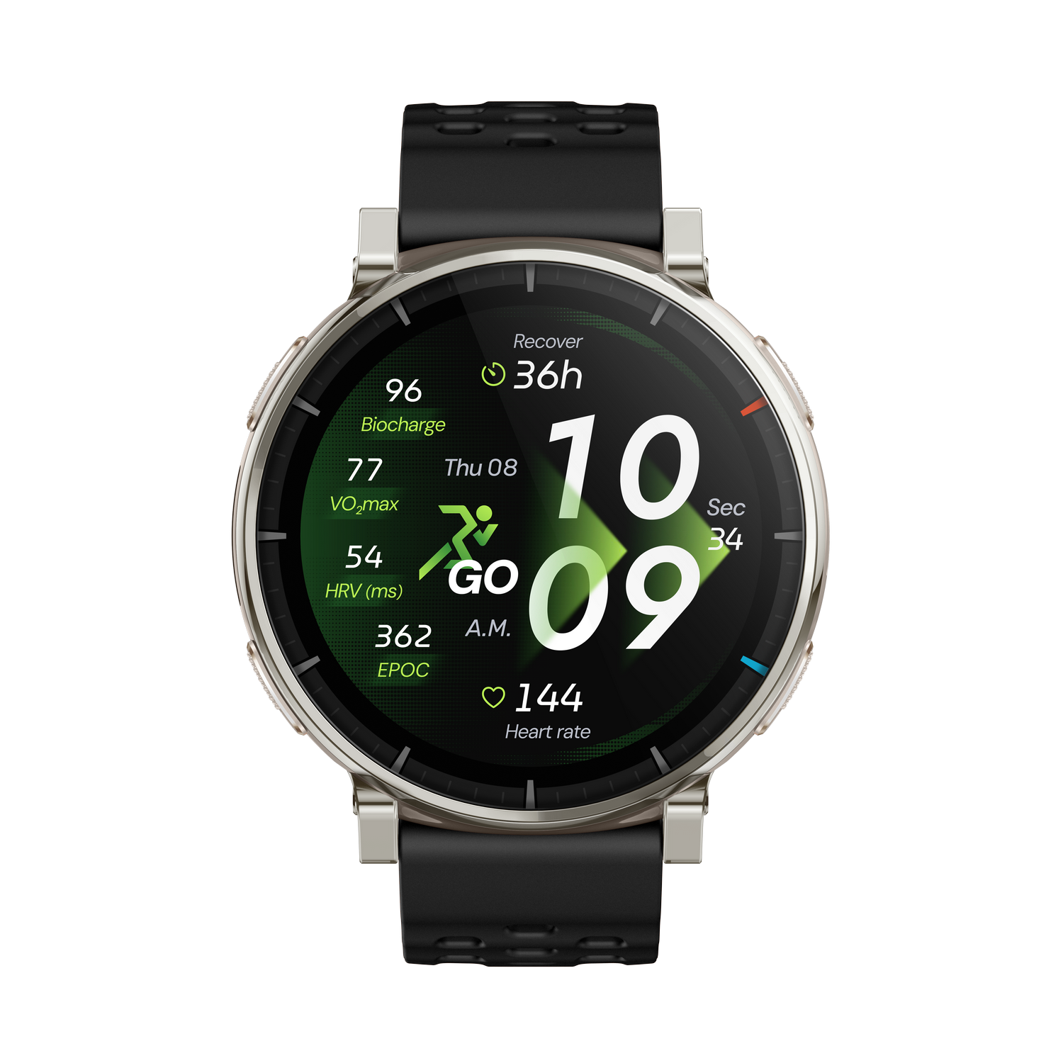 Un smartwatch muestra datos de salud: 10:09 AM, recuperación 36h, FC 144 y más métricas.