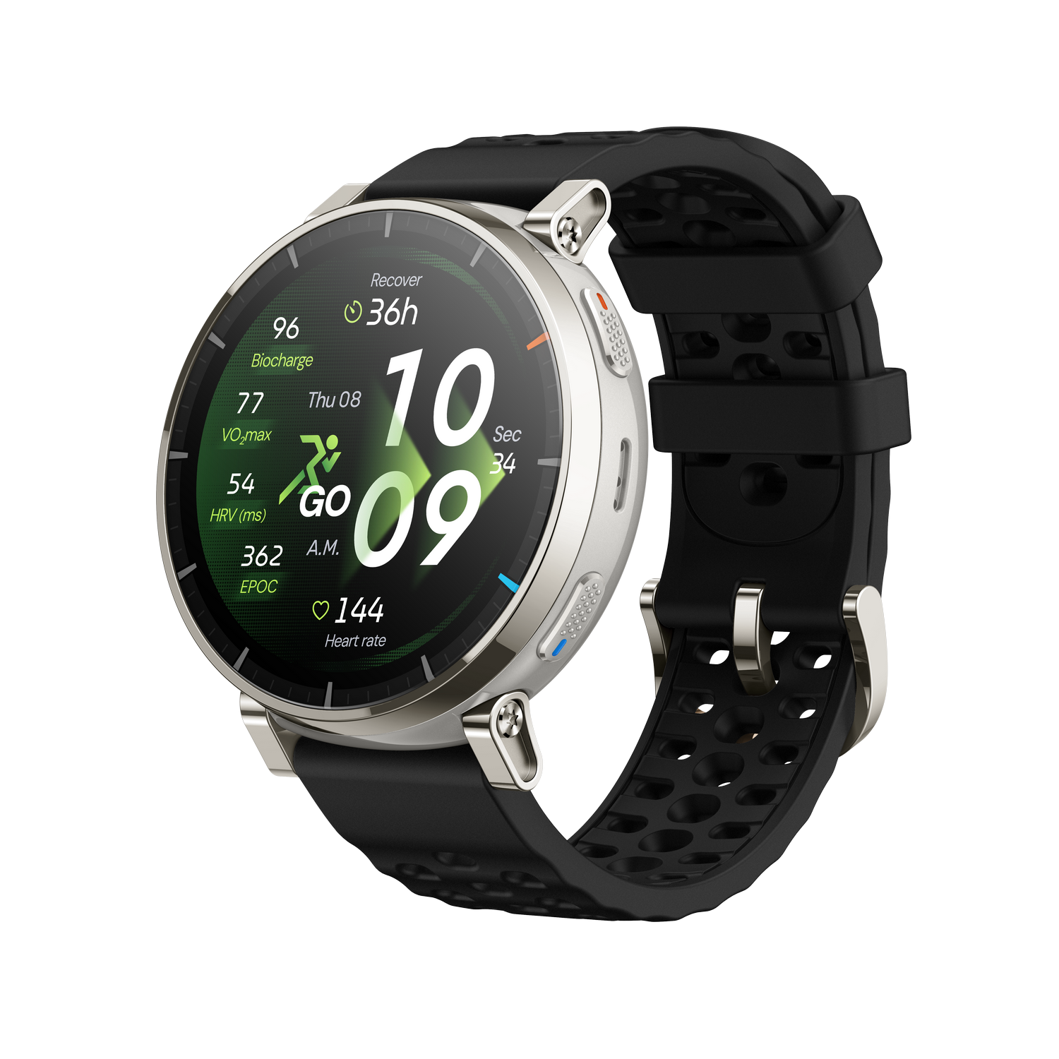 Reloj inteligente plateado con correa negra muestra hora 10:09, ritmo cardíaco 144 y datos fitness.