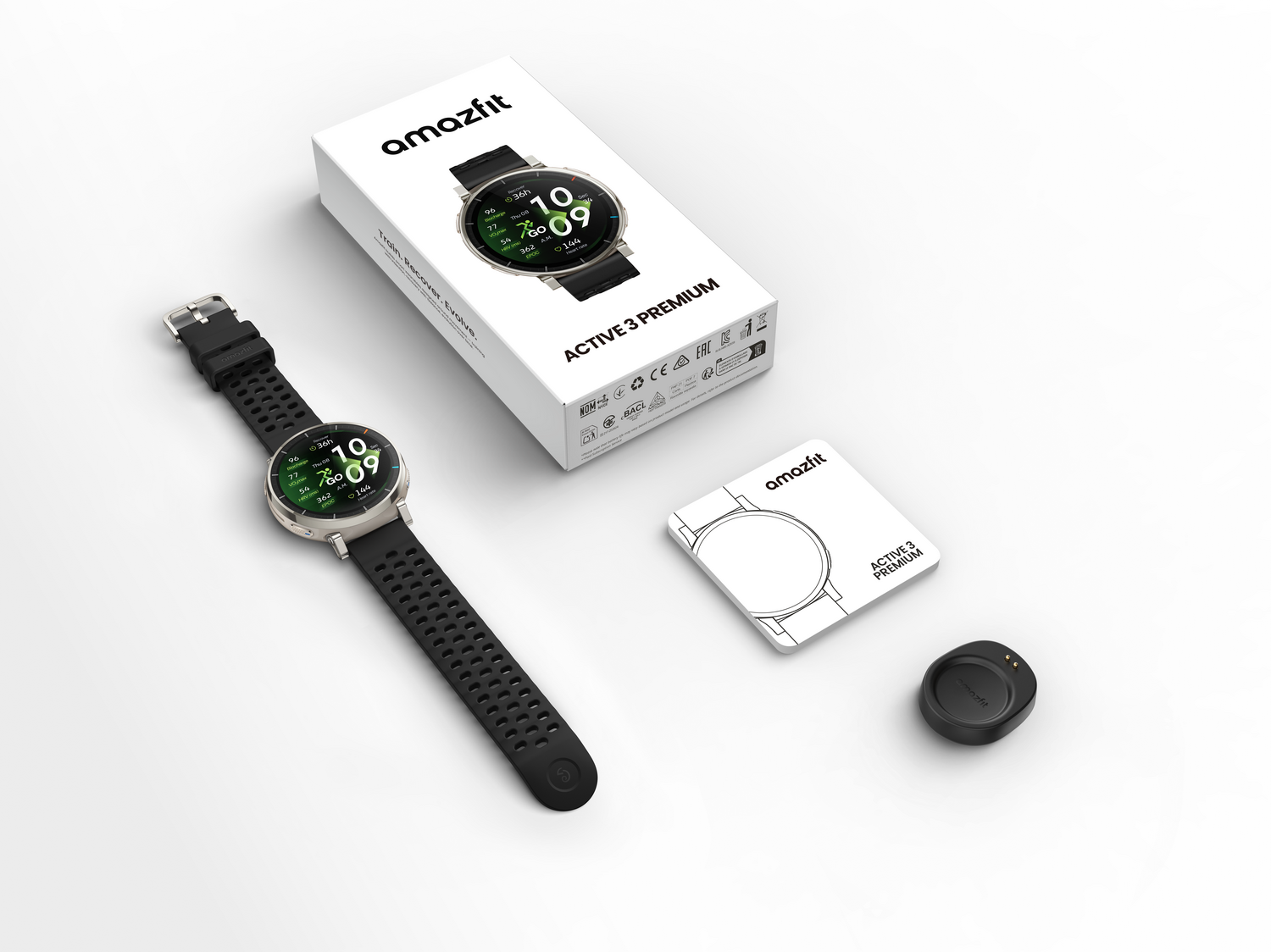 Reloj inteligente Amazfit con accesorios de carga y embalaje sobre fondo blanco.