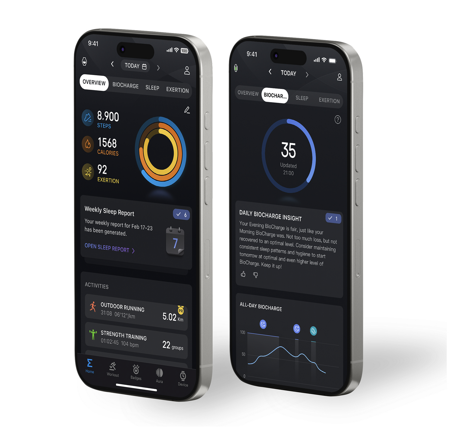 Dos smartphones muestran aplicaciones de fitness con pasos, calorías y resúmenes de actividad.