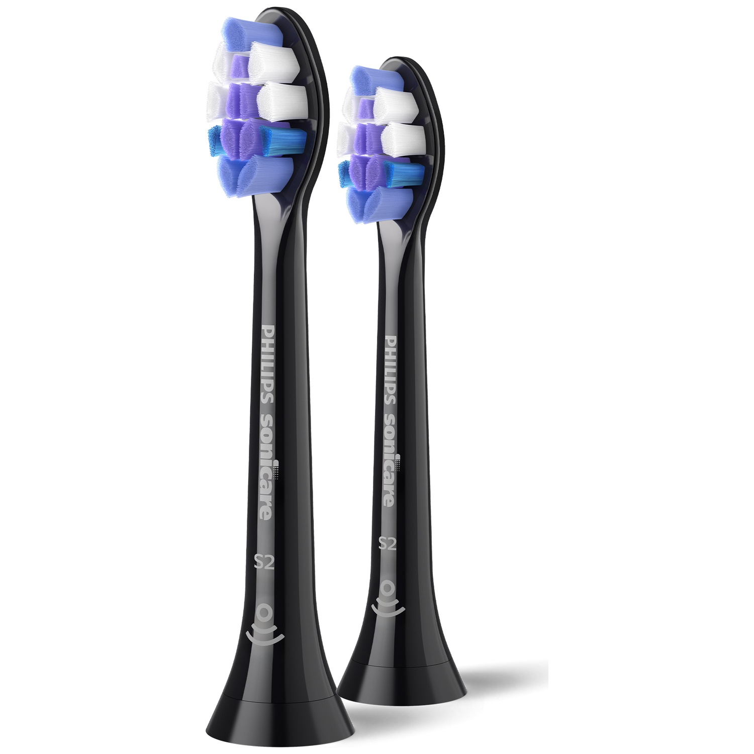Two black Philips Sonicare toothbrush heads with blue, white, and purple bristles.