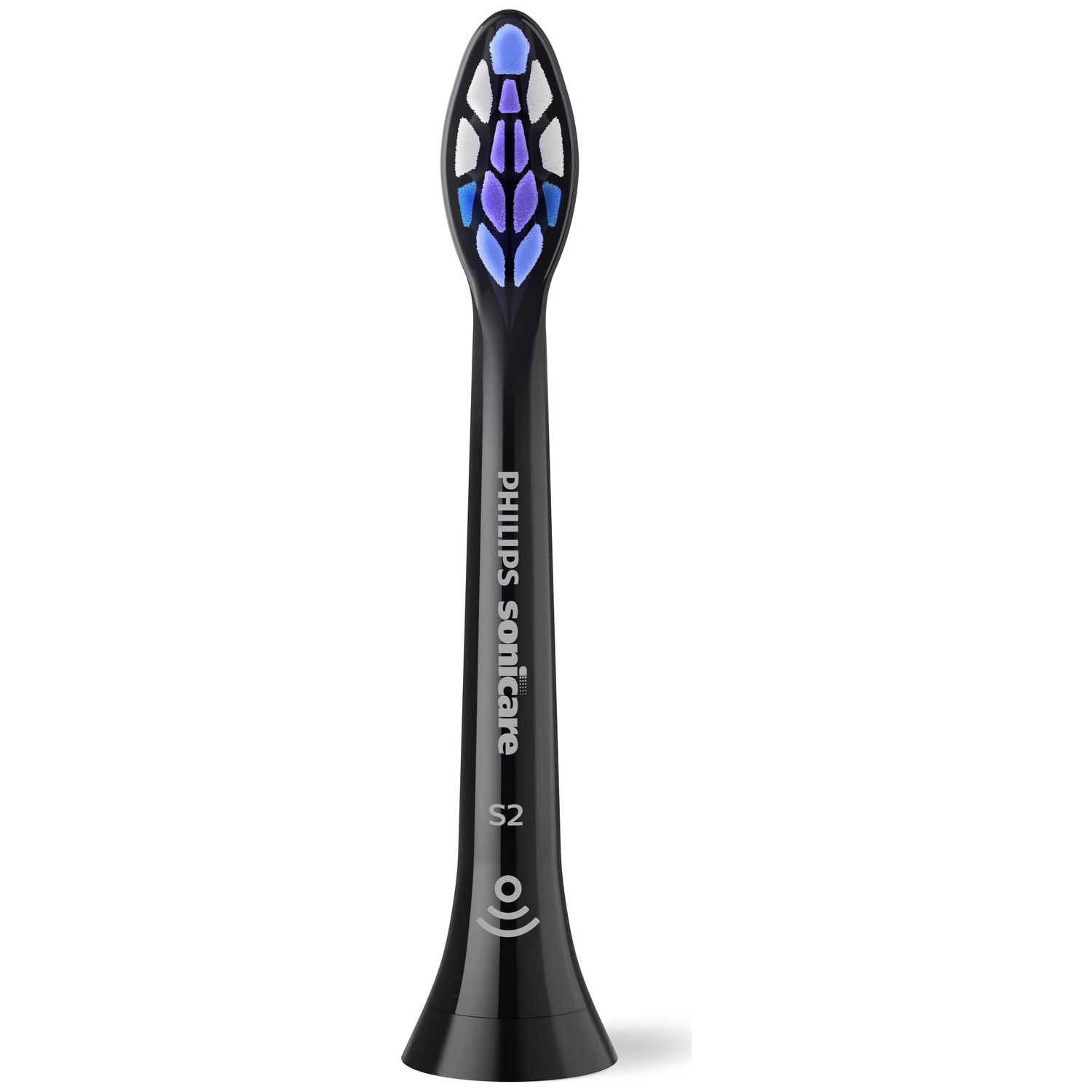 Black Philips Sonicare toothbrush head with blue, purple, and white bristles.
