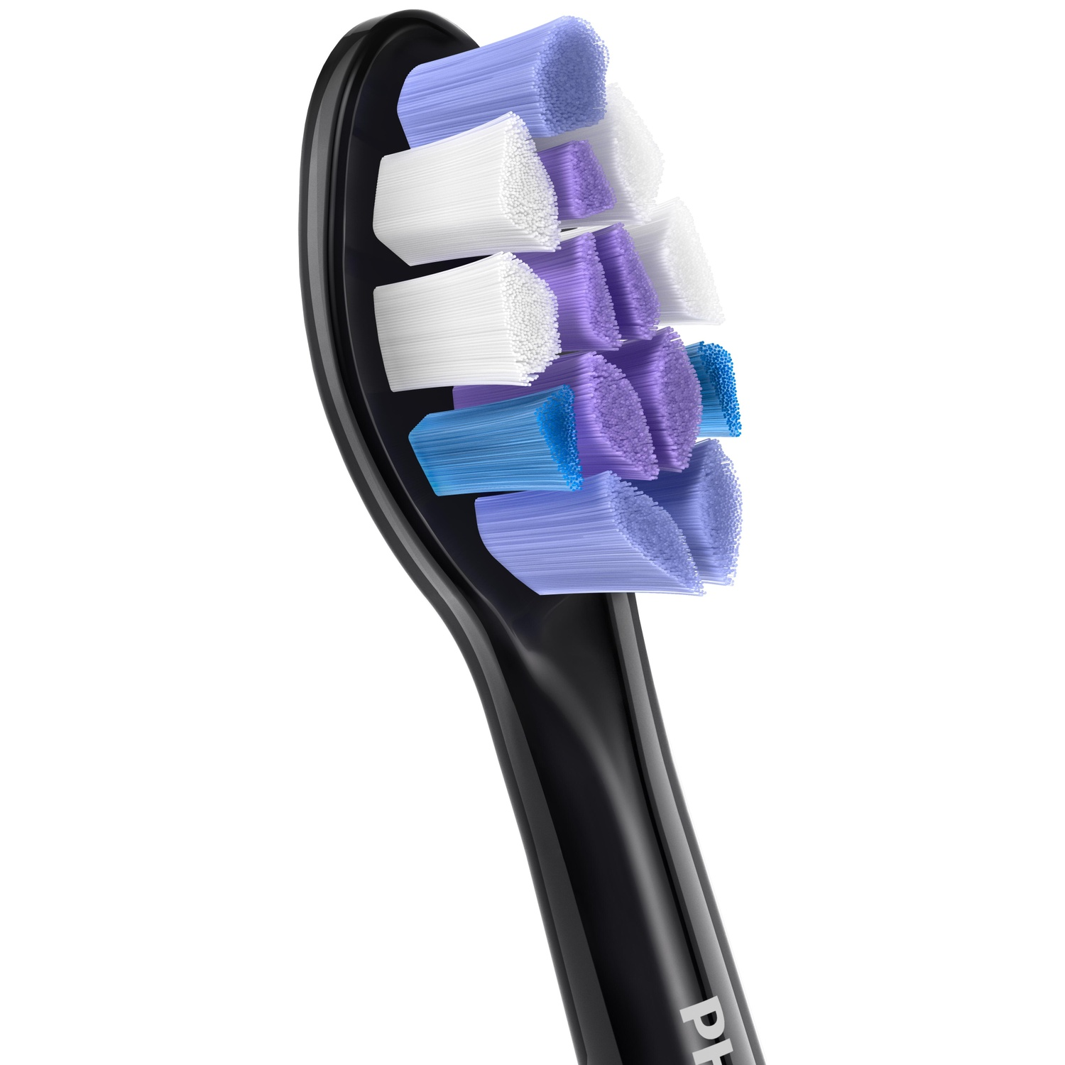 Close-up of a black electric toothbrush head with blue, white, and purple bristles.