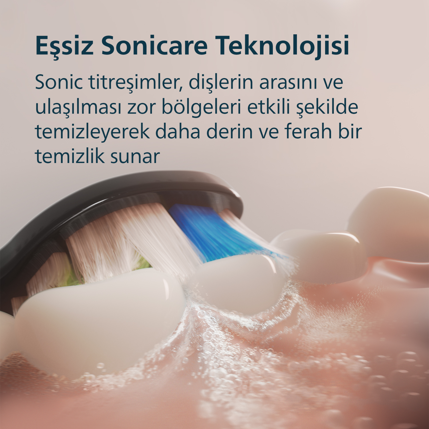 Bir Sonicare diş fırçası, sonik titreşimler ve köpükle dişleri temizler.