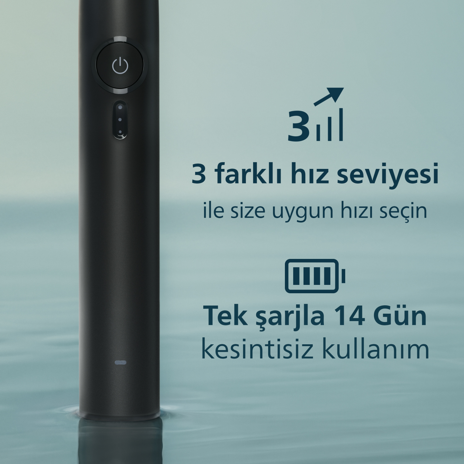 3 hız kademeli ve 14 gün kullanım süreli siyah elektrikli diş fırçası.