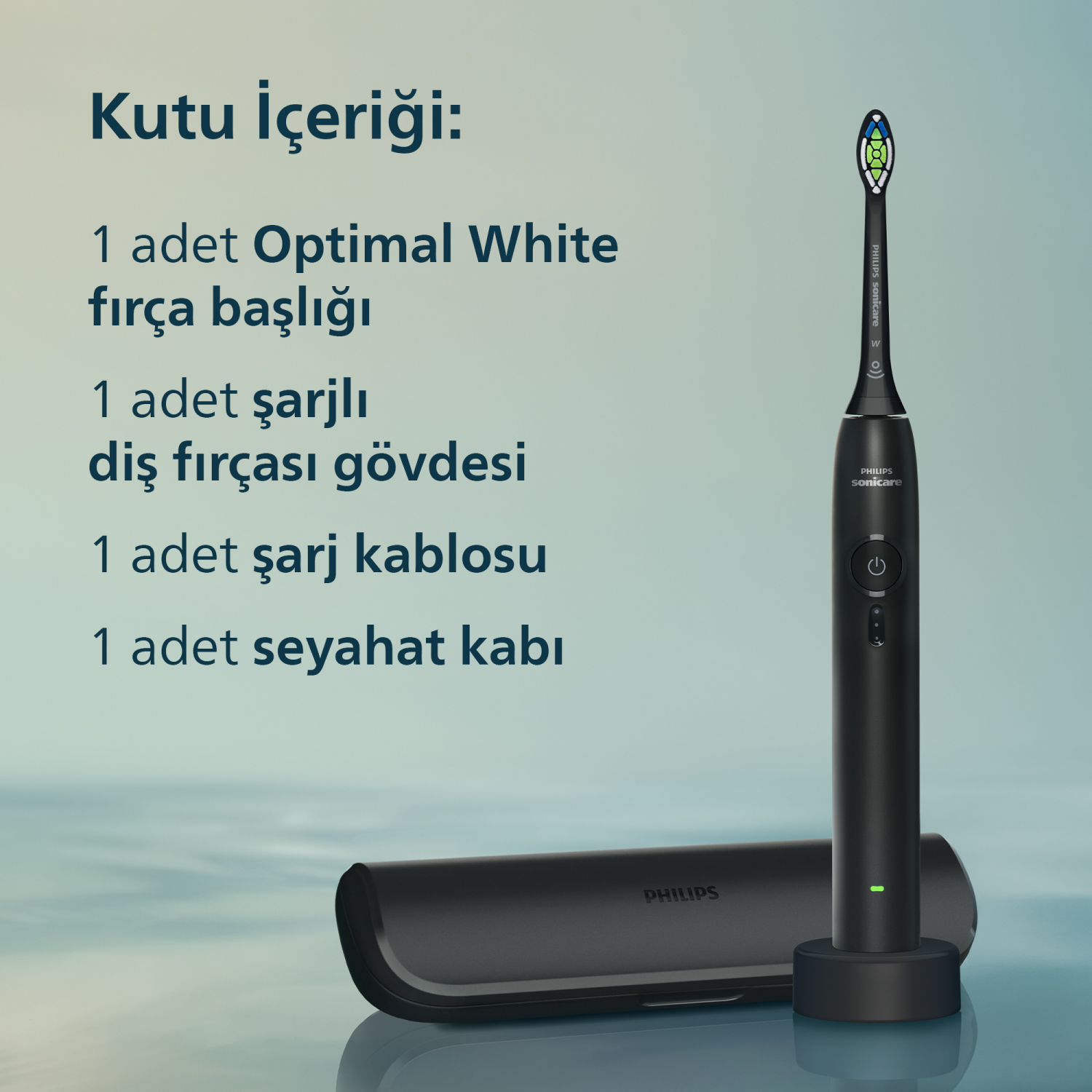 Siyah elektrikli diş fırçası, şarj istasyonu, seyahat kabı ve aksesuarlar.
