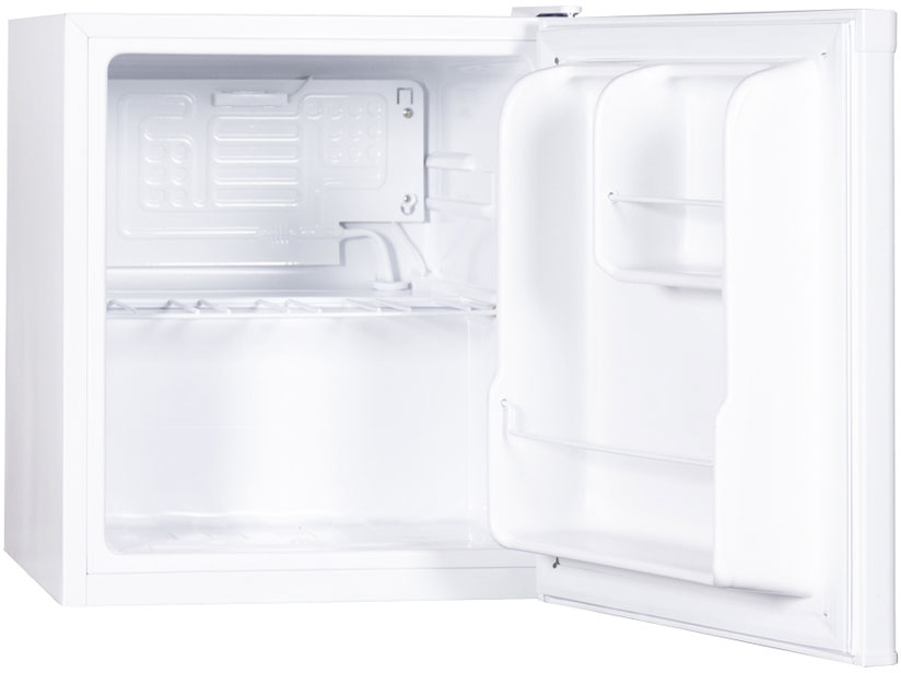 Ein leerer, weißer Mini-Kühlschrank mit offener Tür.