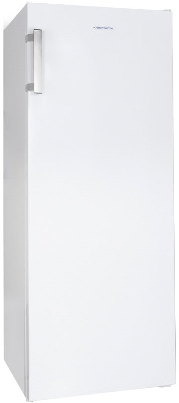 Un congelatore verticale bianco con maniglia argentata e logo blu in alto.