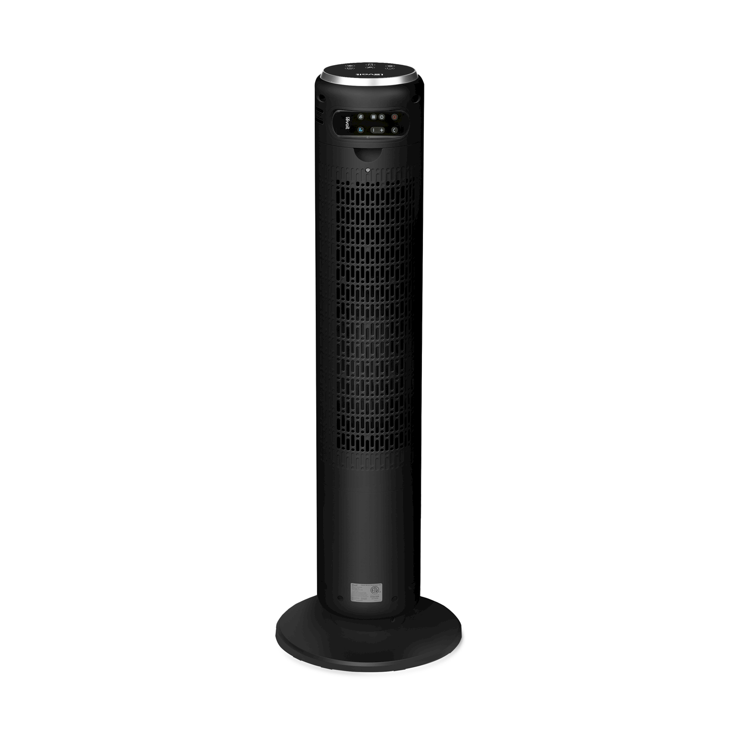 Una ventola a torre alta, nera e cilindrica con base rotonda e controlli digitali.