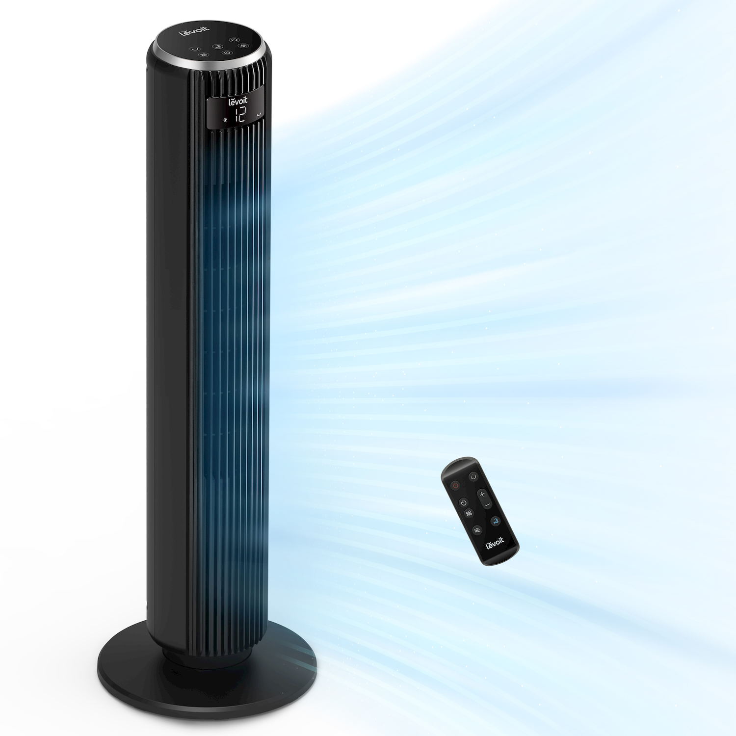 Una ventola a torre nera con telecomando e linee di flusso d'aria blu.