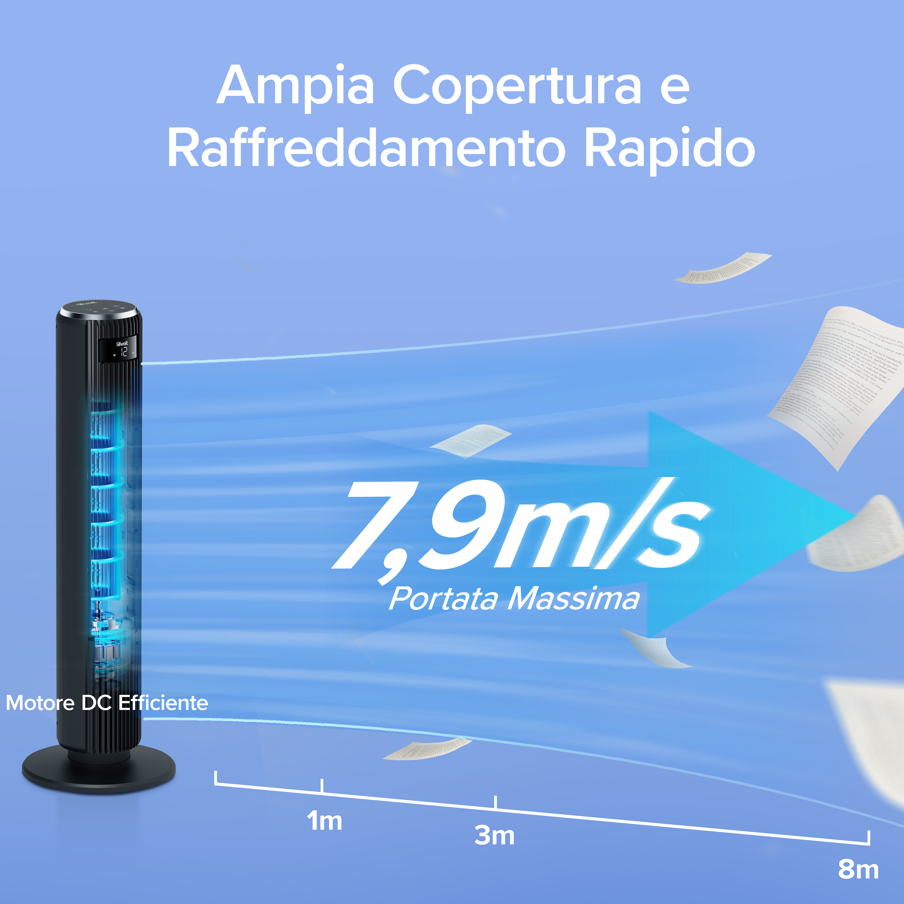 Un ventilatore a torre nero con luci blu e carte che fluttuano nell'aria.