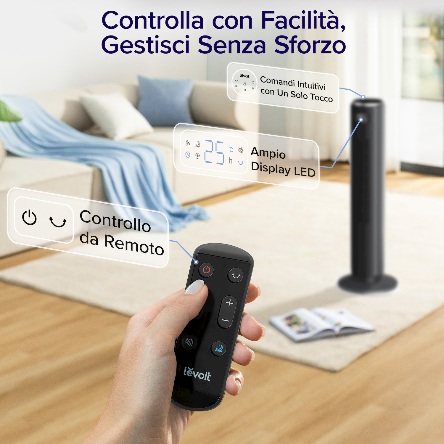 Una mano tiene un telecomando per una torre ventilante nera. Un display LED è visibile.