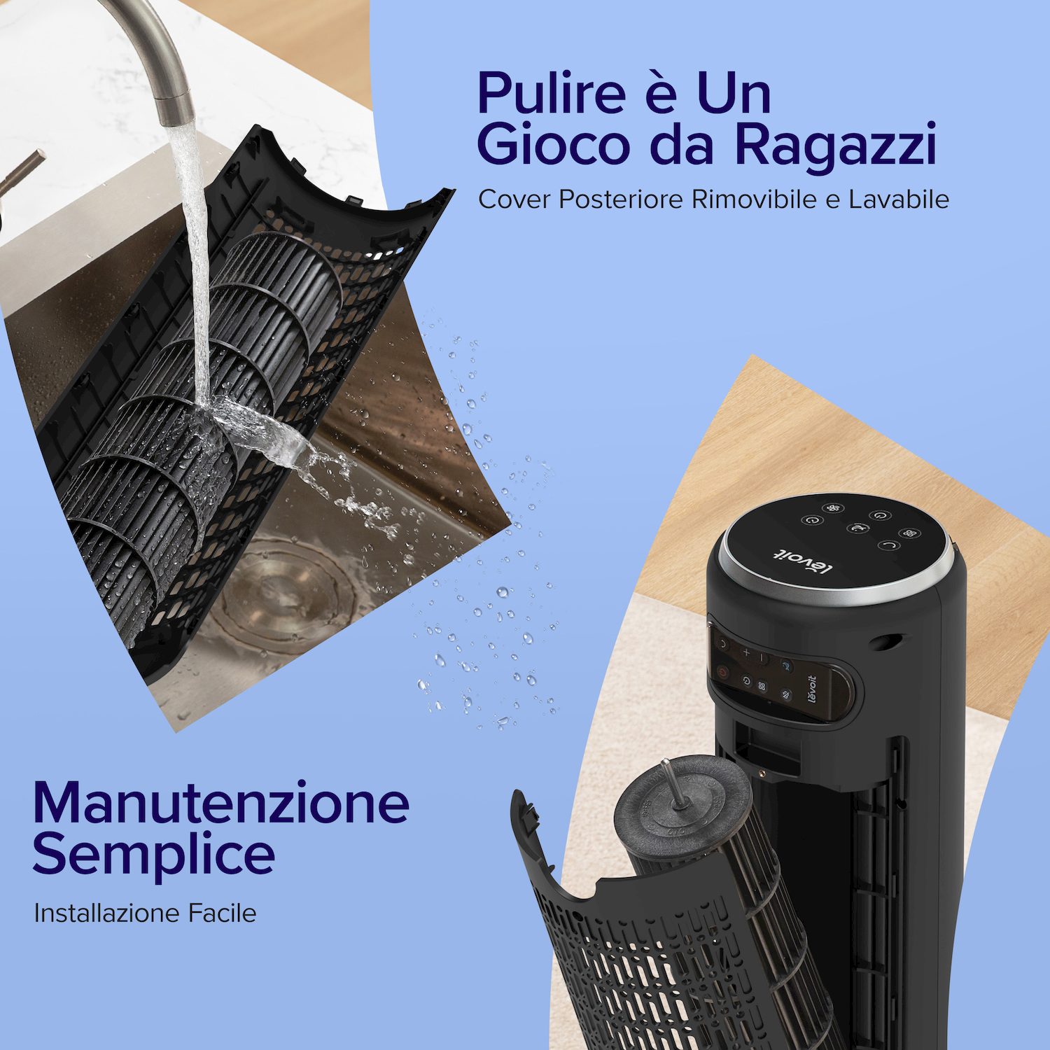 Un purificatore d'aria nero viene pulito. L'elemento filtrante viene lavato.