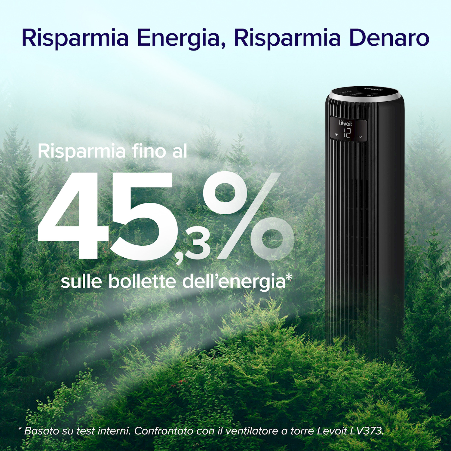 Ventilatore a torre nero in foresta nebbiosa, che pubblicizza un risparmio energetico del 45,3%.