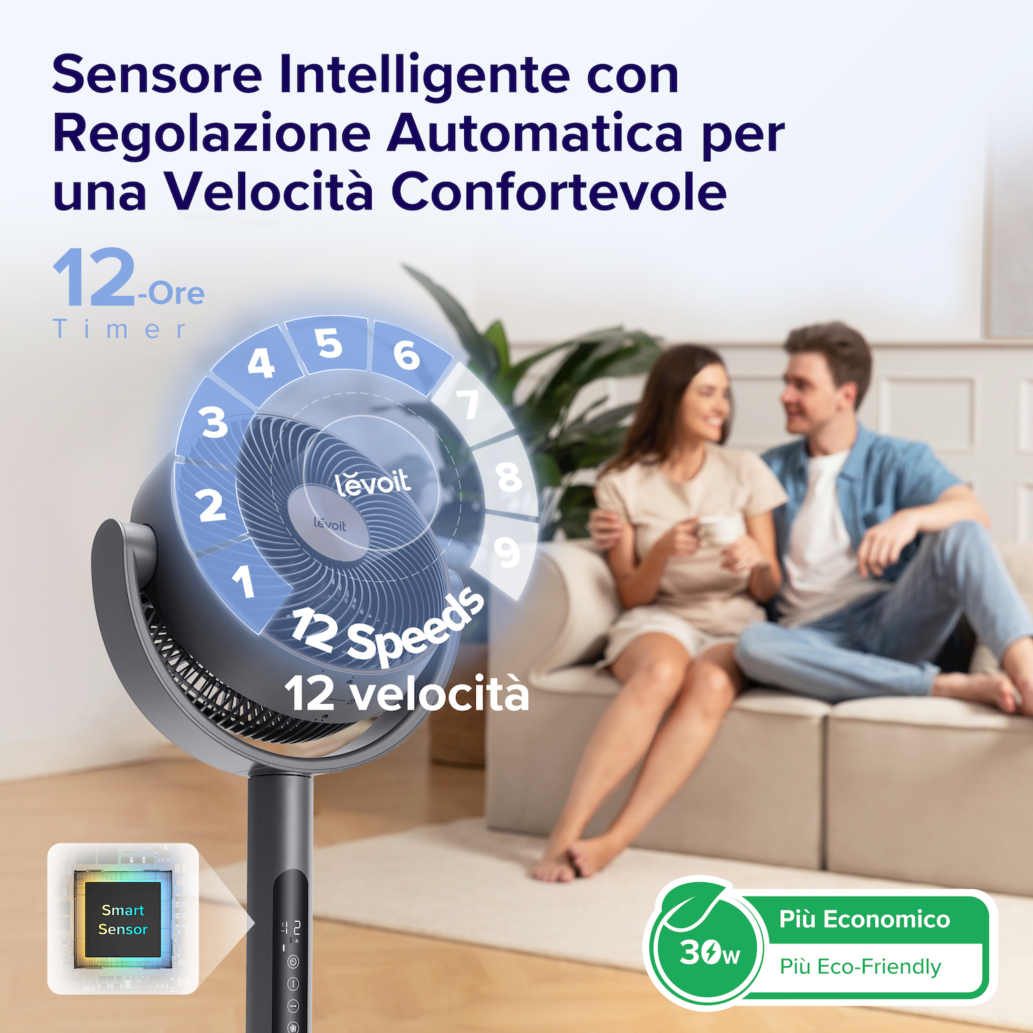 Un elegante ventilatore con tecnologia "Smart Sensor", 12 velocità e timer.
