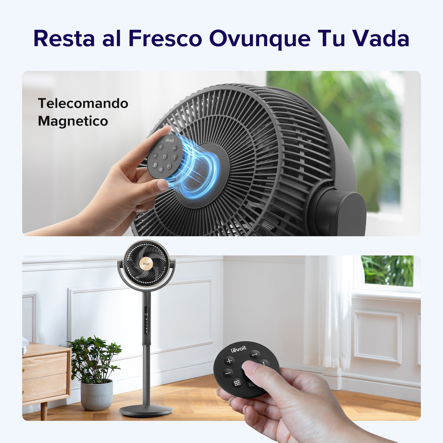 Mostrato un ventilatore nero e telecomando. Una mano tiene il telecomando.
