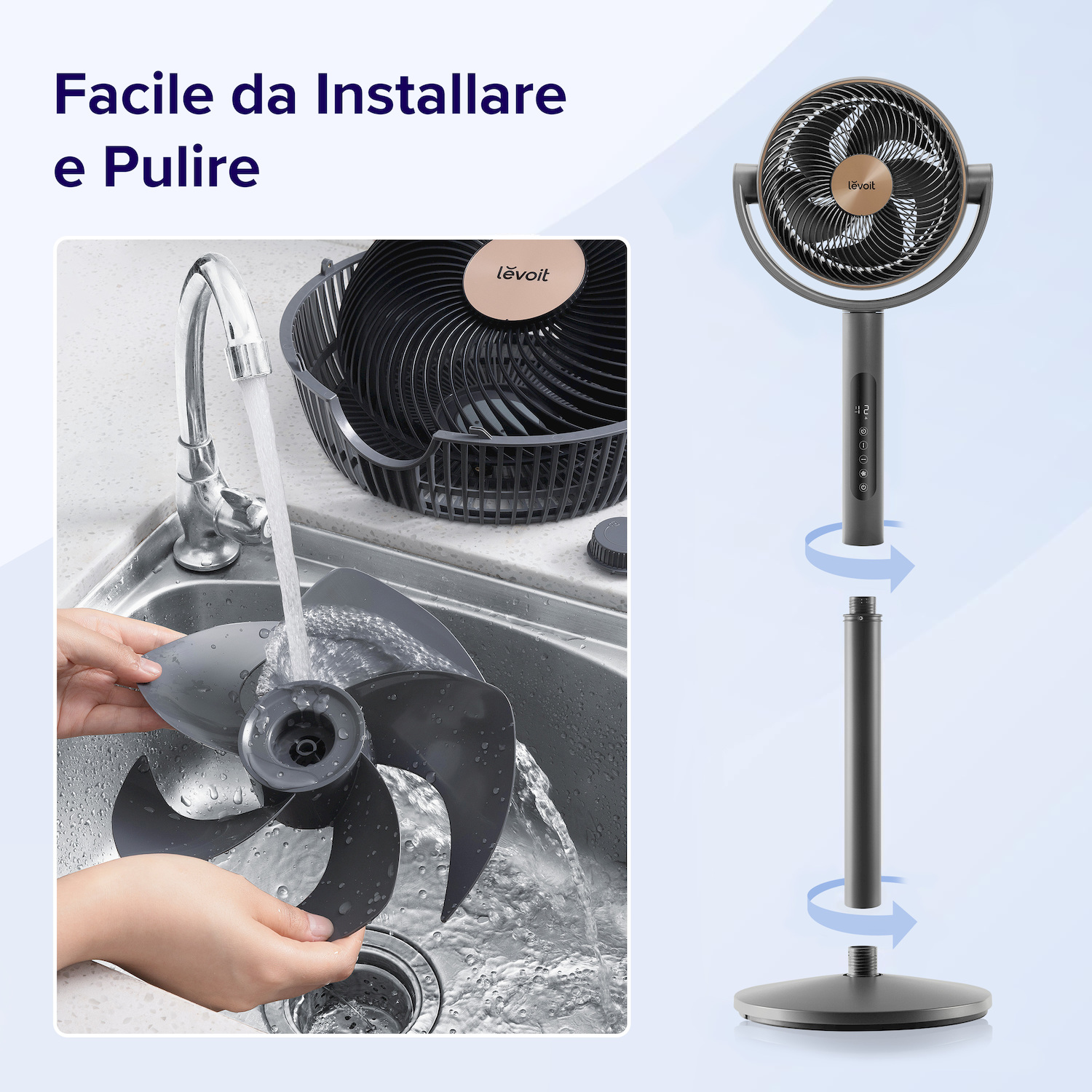 Una pala di ventilatore viene lavata sotto acqua corrente in un lavandino. Accanto, un ventilatore.