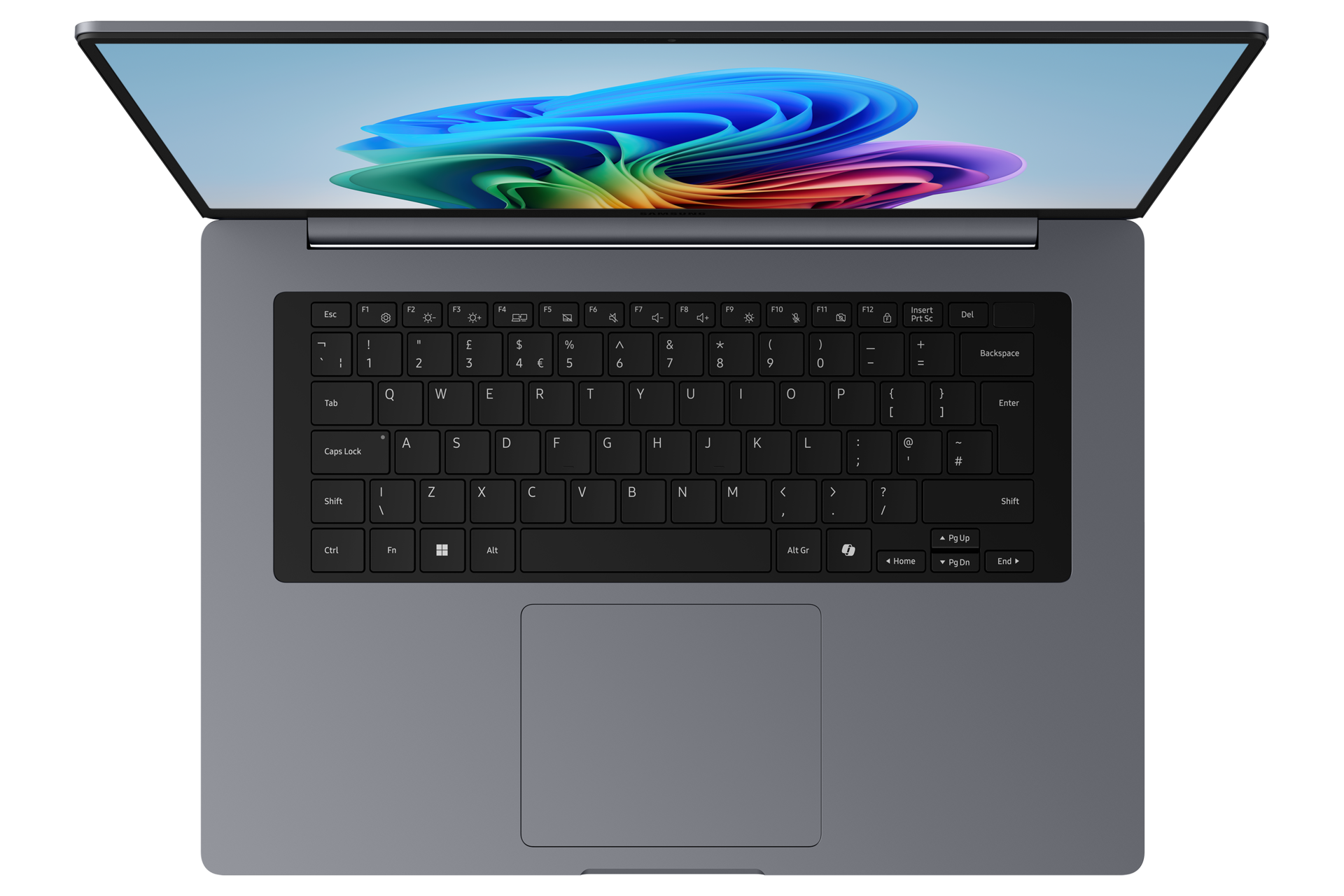 Ein graues Laptop mit offenem Deckel und einem bunten Hintergrund auf dem Bildschirm.