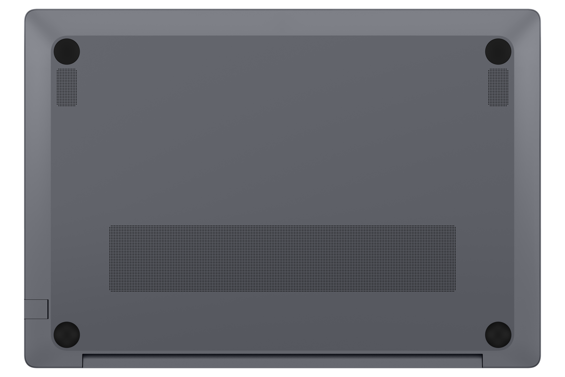 Unterseite eines grauen Laptops mit vier Gummifüßen und Lüftungsschlitzen.