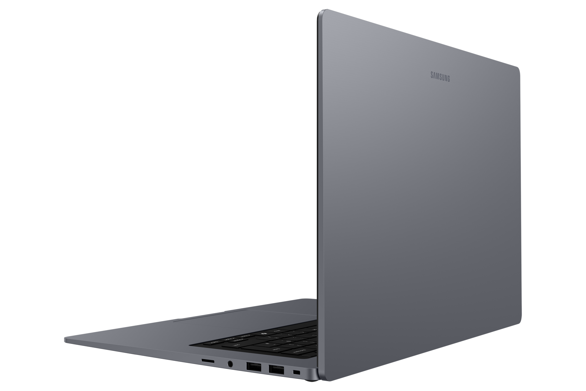 Grauer Samsung Laptop, von der Seite gesehen, mit Tastatur und Anschlüssen.