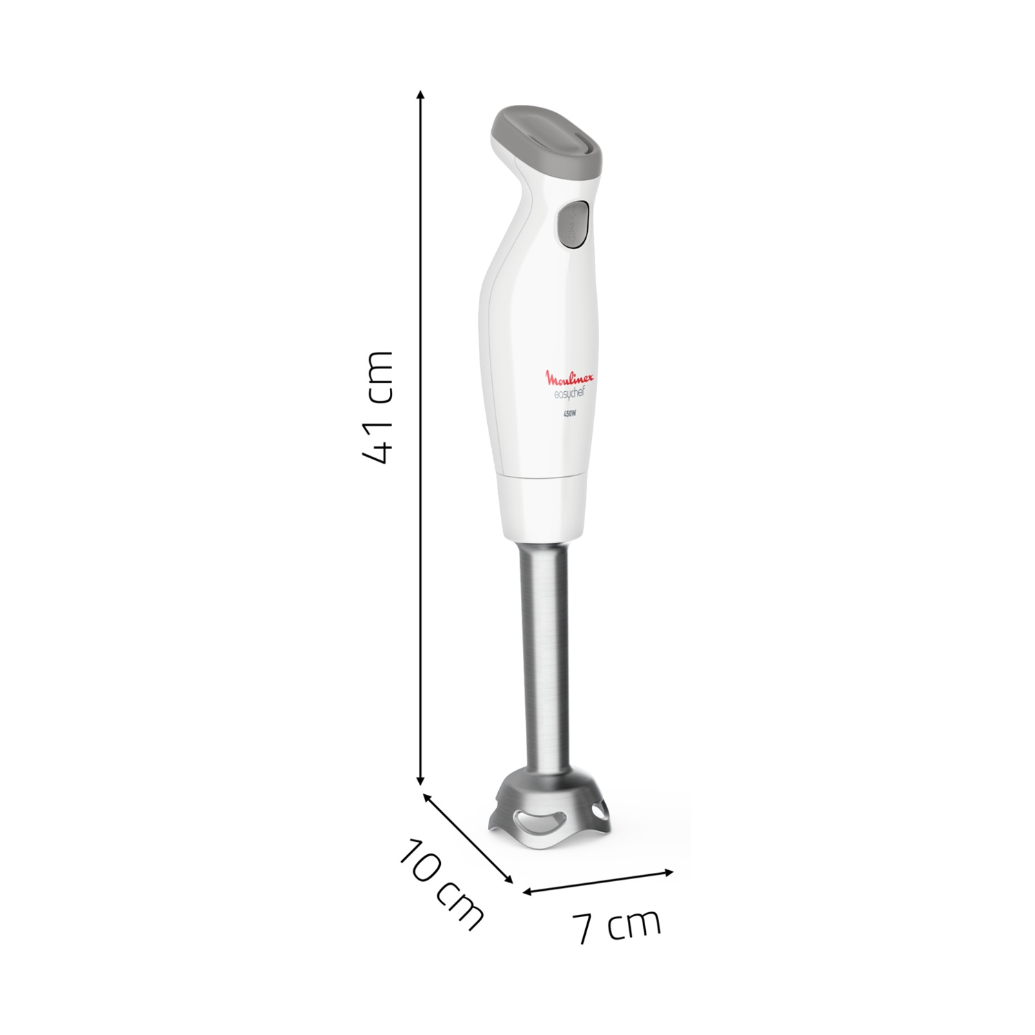 Un frullatore a immersione bianco da 450W, alto 41cm, largo 10cm.
