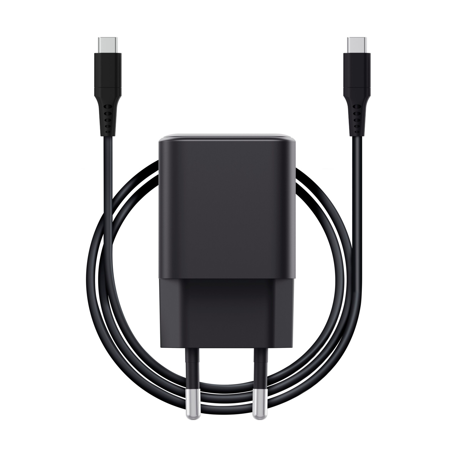 Caricabatterie USB-C nero con cavo, sfondo bianco.