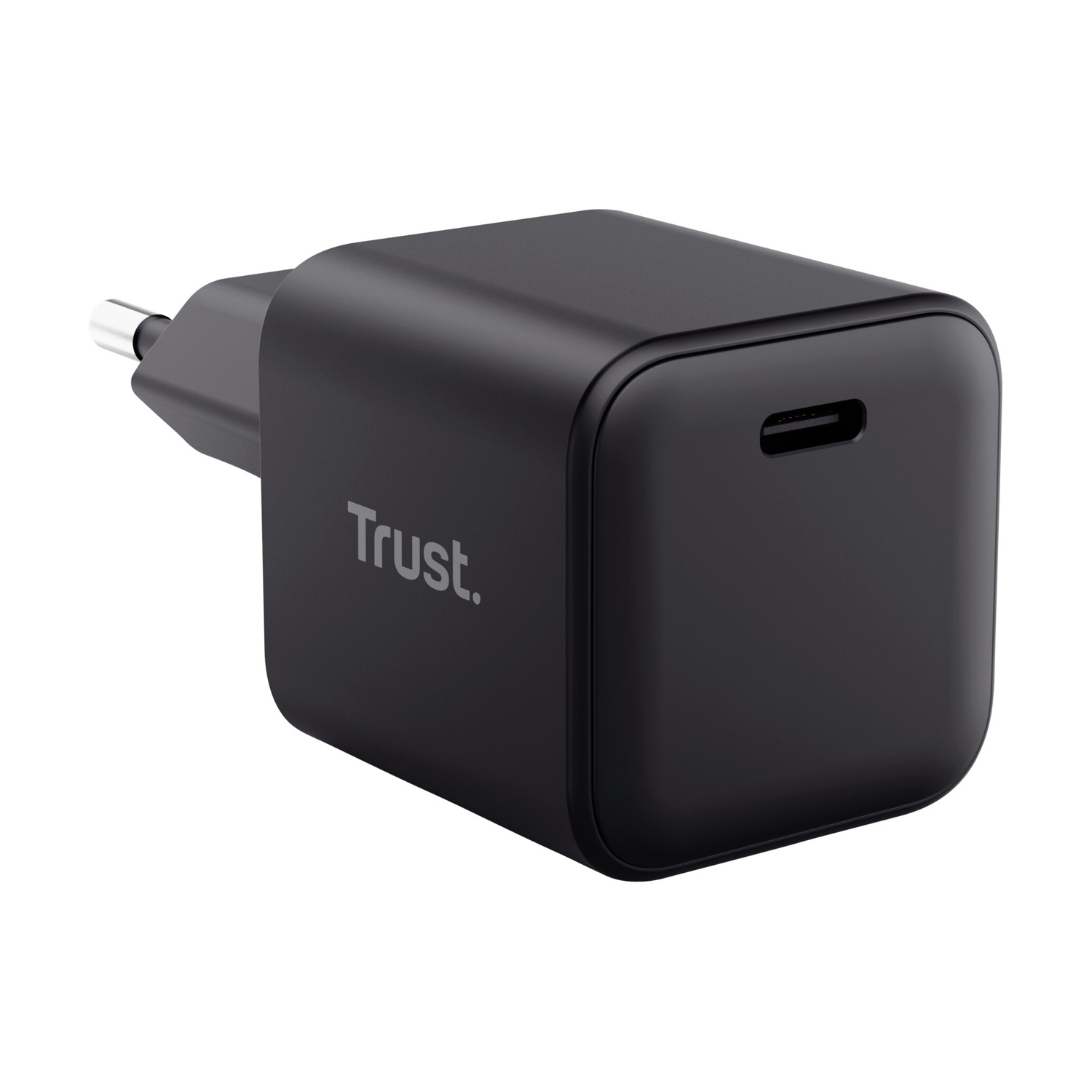 Caricatore USB-C nero con spina e logo Trust.