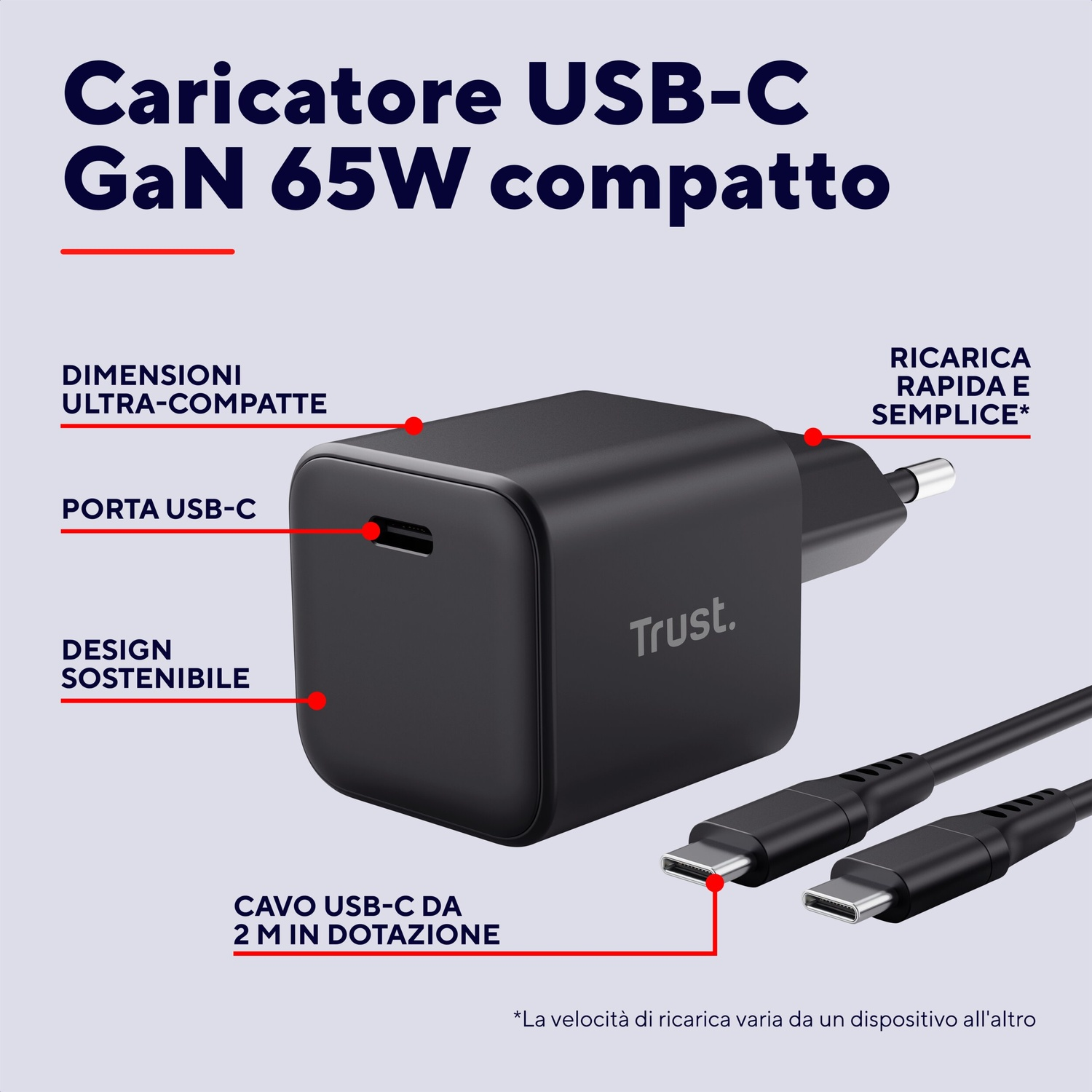 Caricatore Trust USB-C GaN 65W nero con porta USB-C e cavo.