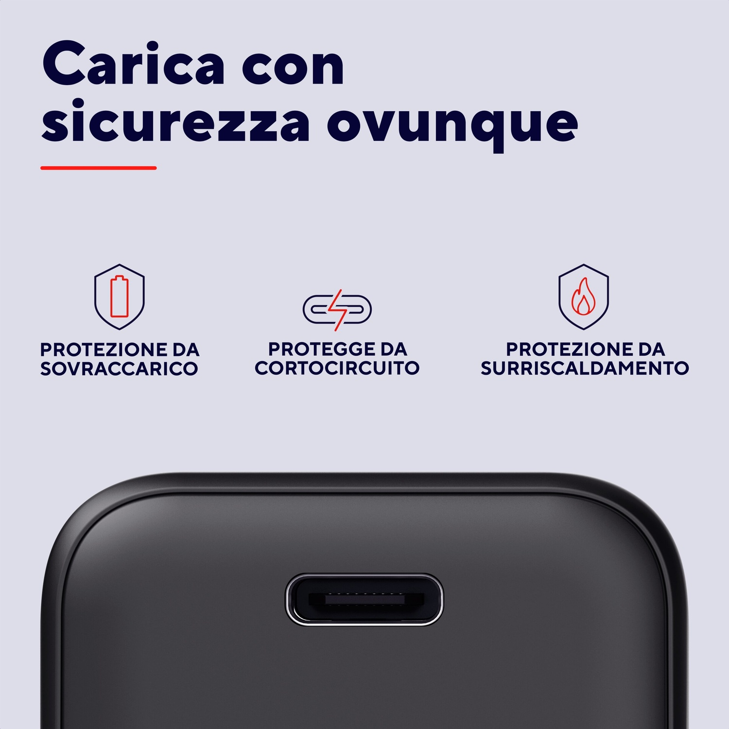 Caricatore USB-C nero con icone per protezione da sovraccarico, cortocircuito e surriscaldamento.