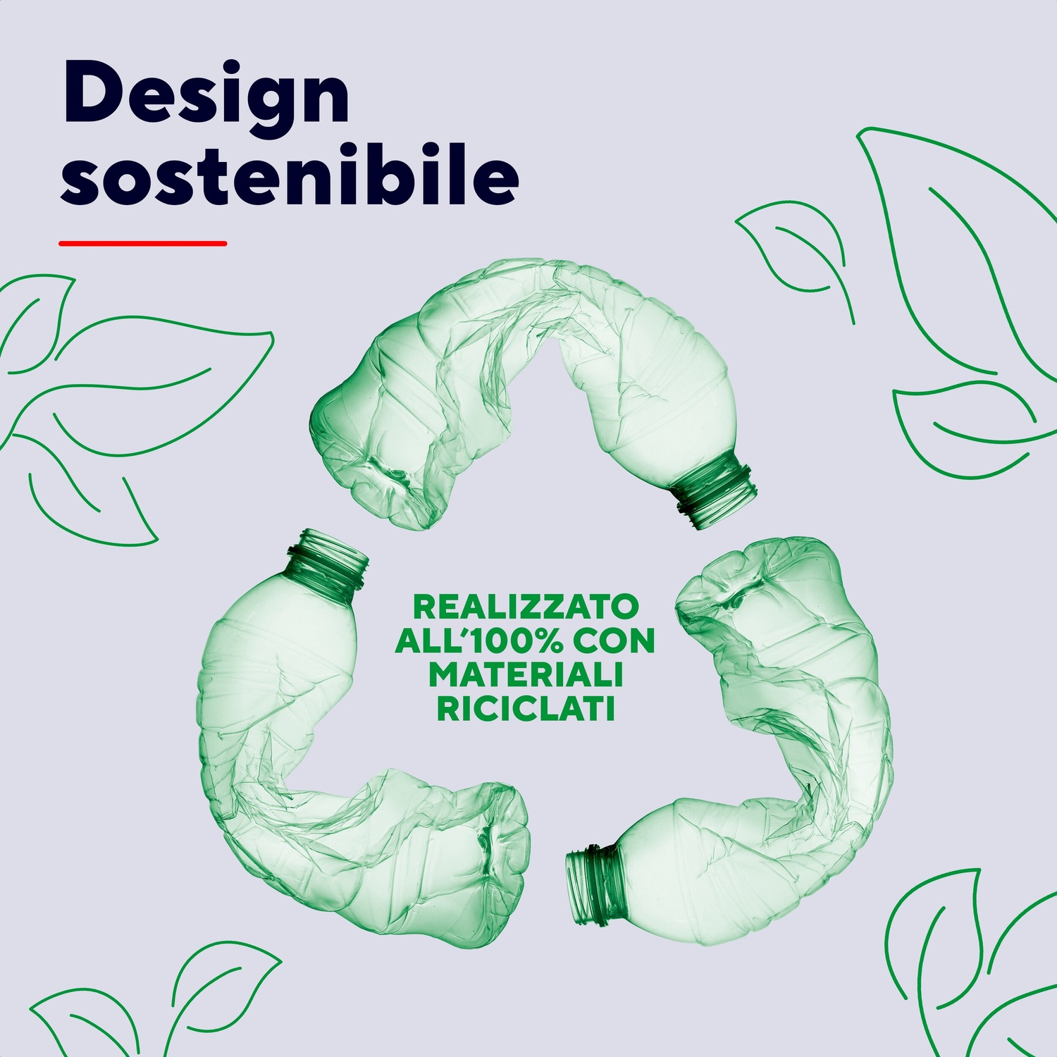 Tre bottiglie di plastica verdi accartocciate formano un simbolo di riciclo. Testo: Design sostenibile.