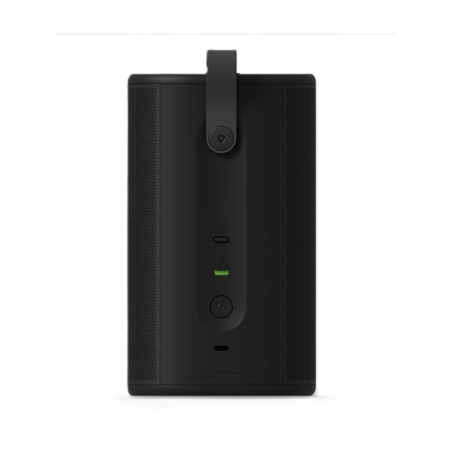 Altoparlante nero con maniglia, porta di ricarica e indicatore LED verde.
