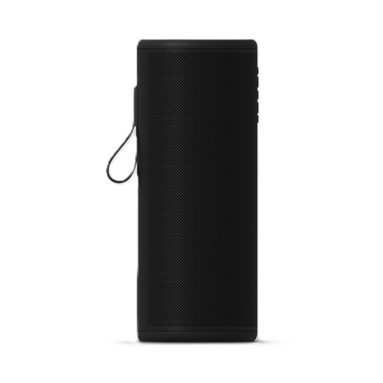 Altoparlante portatile nero con cinghia, isolato su sfondo bianco.