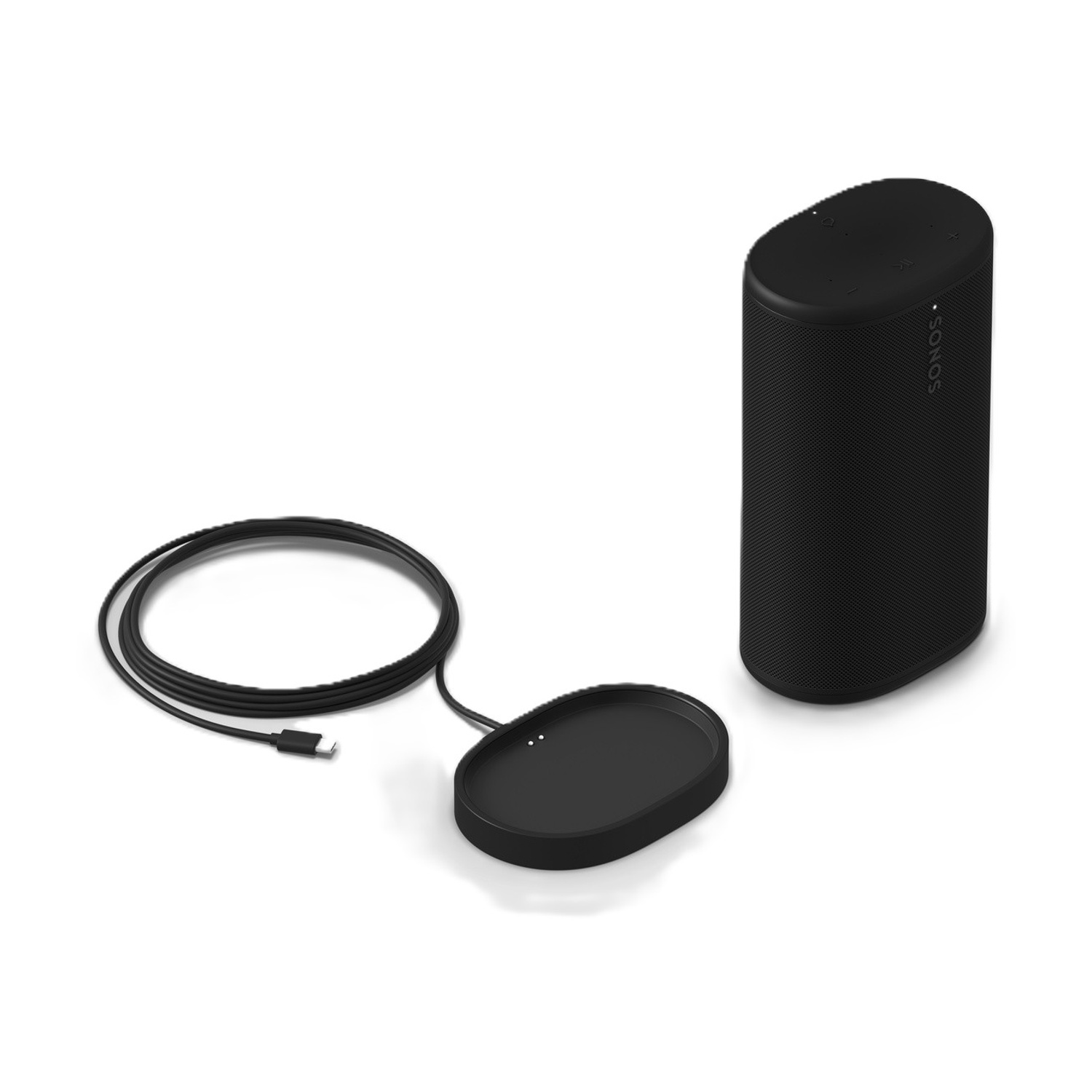 Altoparlante Sonos nero con dock di ricarica e cavo USB-C.