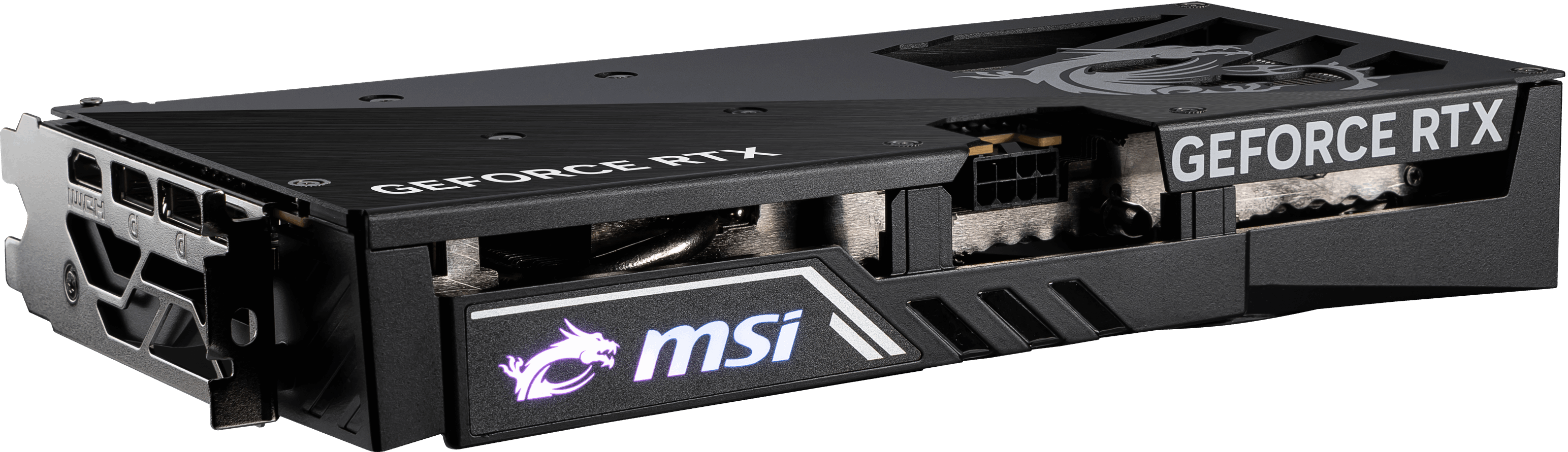 Siyah arka plan üzerinde MSI ve GeForce RTX logolu siyah grafik kartı.