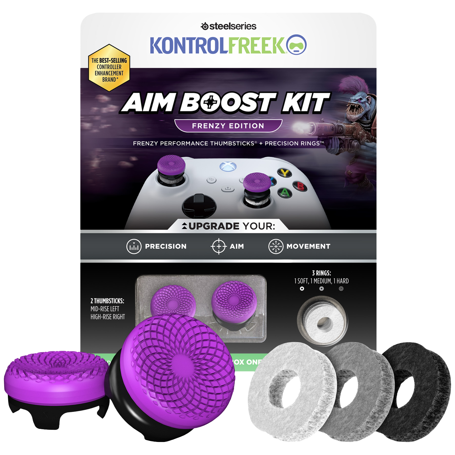 Kit KontrolFreek Aim Boost avec thumbsticks et anneaux violets pour manette.