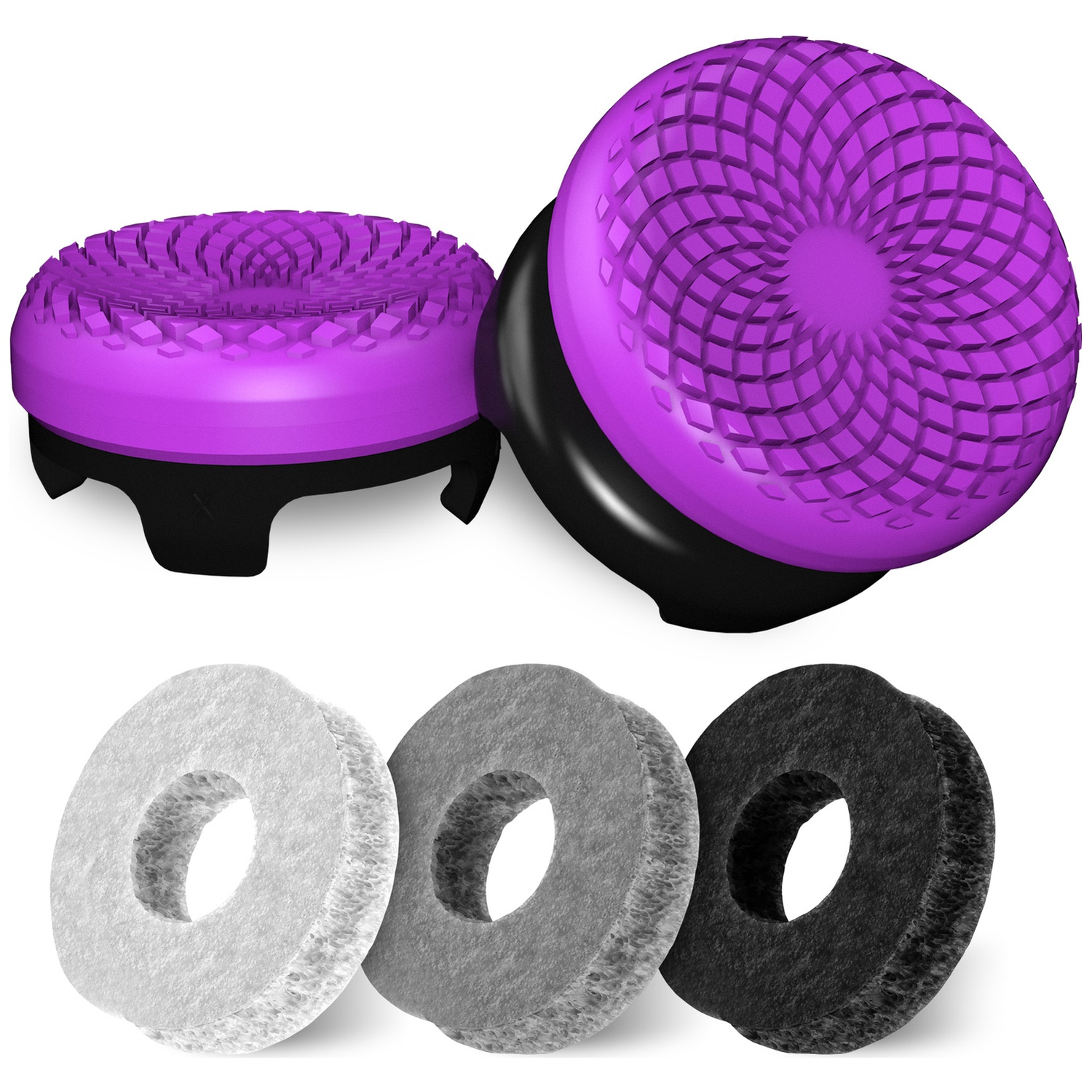 Deux têtes de brosse violettes avec bases noires et trois filtres ronds blancs, gris et noirs.