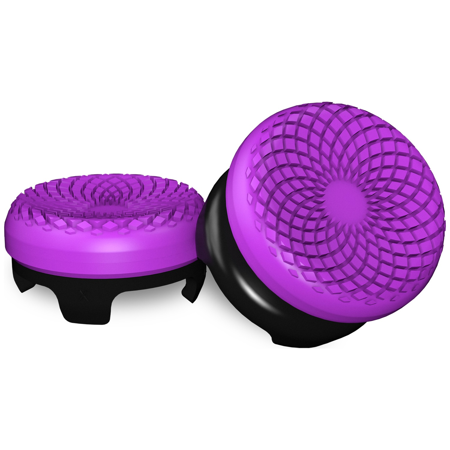 Deux joysticks violets pour manette avec bases noires sur fond blanc.