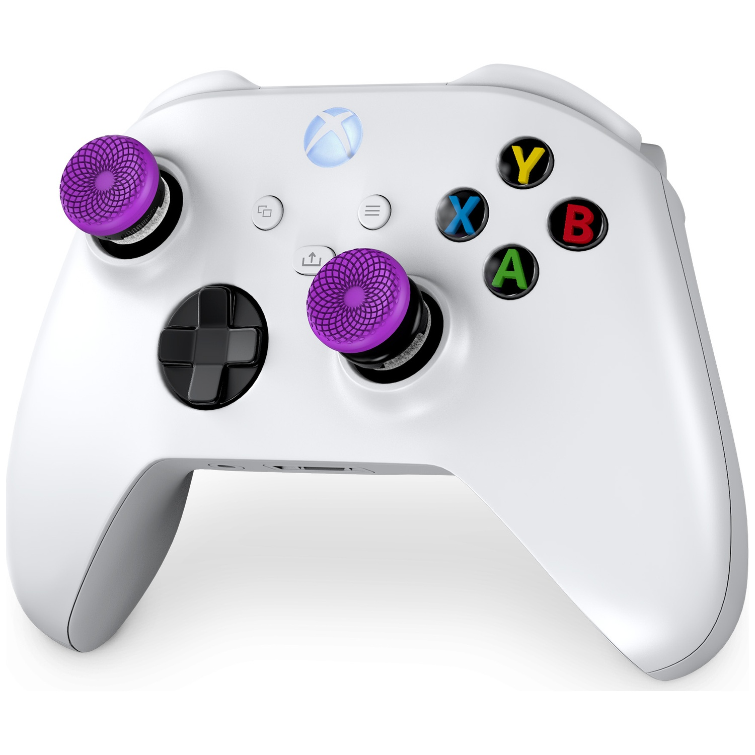Une manette Xbox blanche avec des capuchons de joystick violets et des boutons colorés.