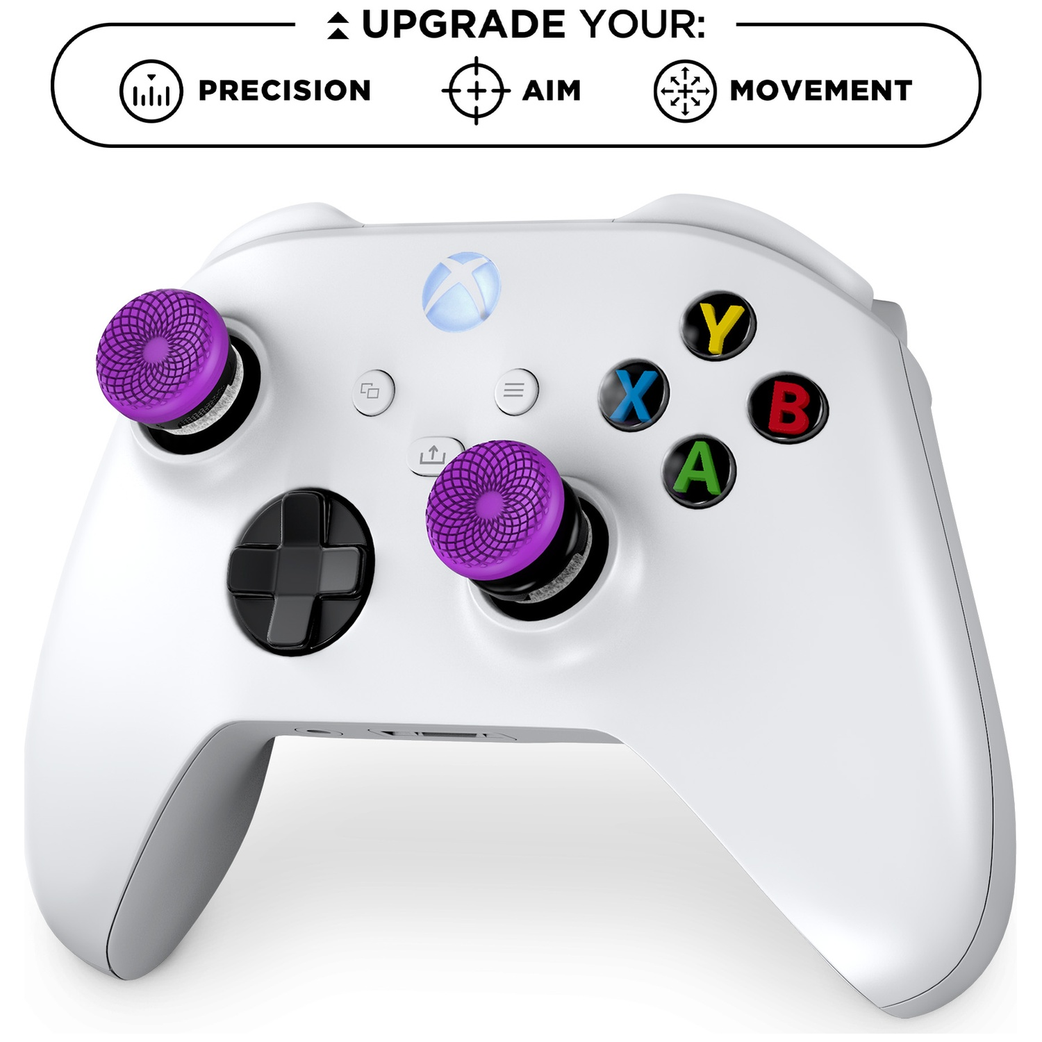 Une manette Xbox blanche avec capuchons de joystick violets et icônes d'amélioration.