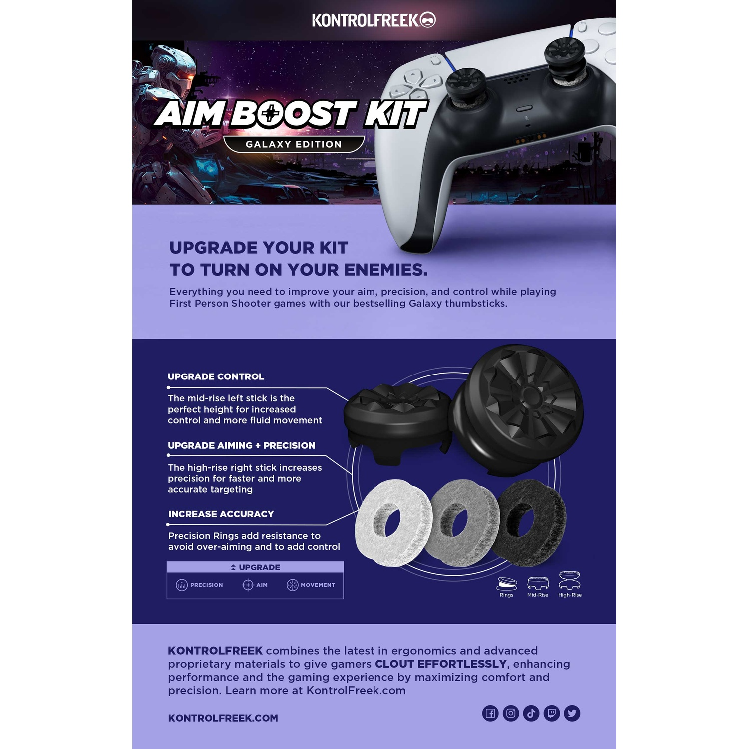 Kit KontrolFreek Aim Boost avec thumbsticks et anneaux de manette de différentes hauteurs.