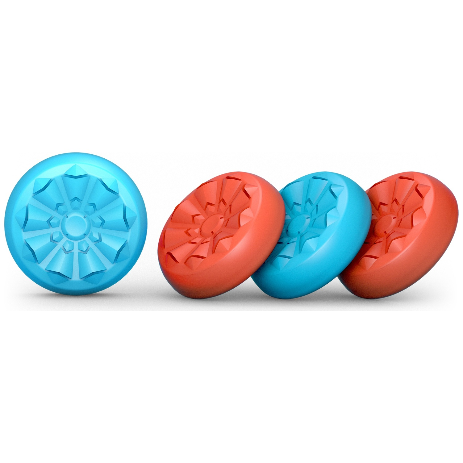 One blue and three red and blue discs with a pattern.