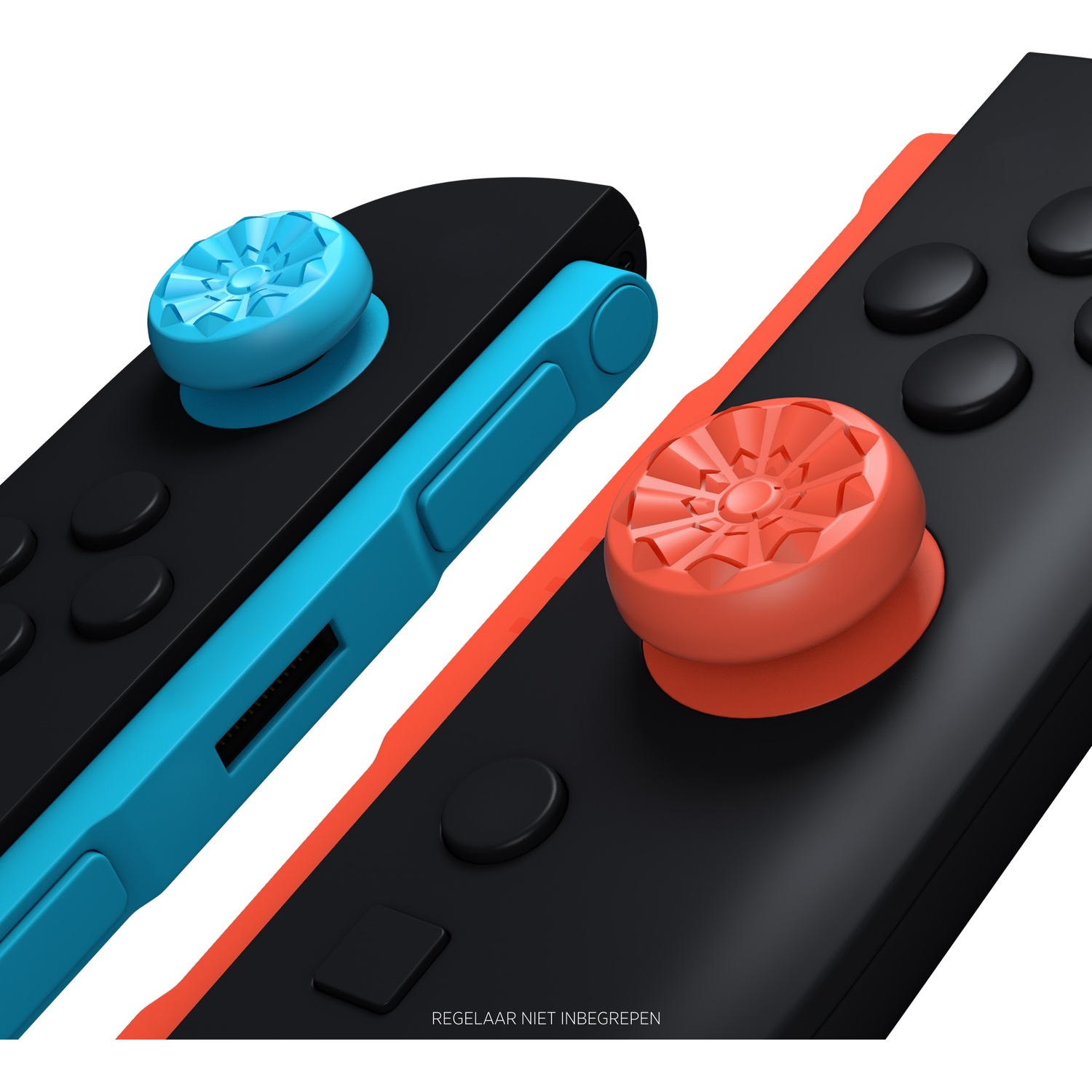 Two game controllers with blue and red joysticks on a white background.
