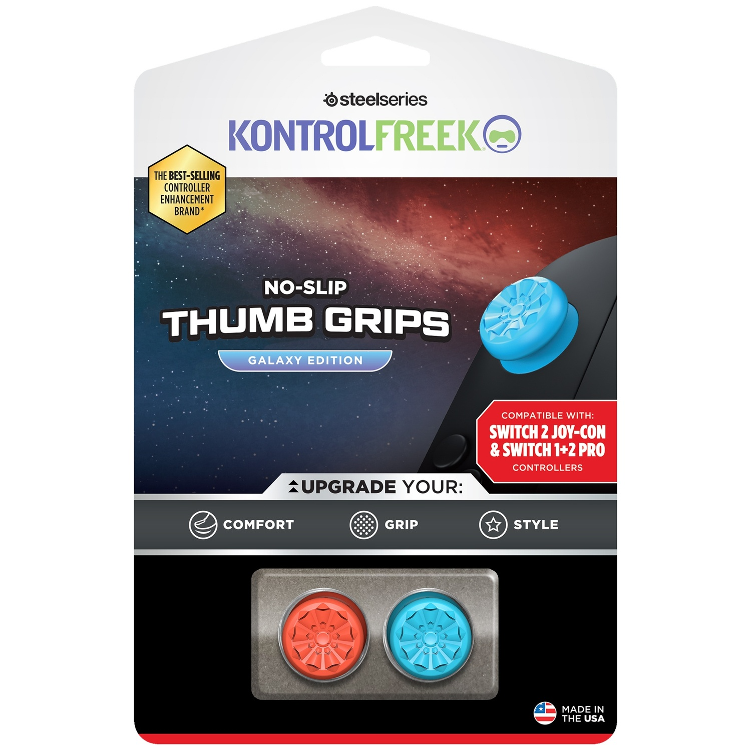 Packaging for KontrolFreek Galaxy Edition thumb grips featuring red and blue grips.